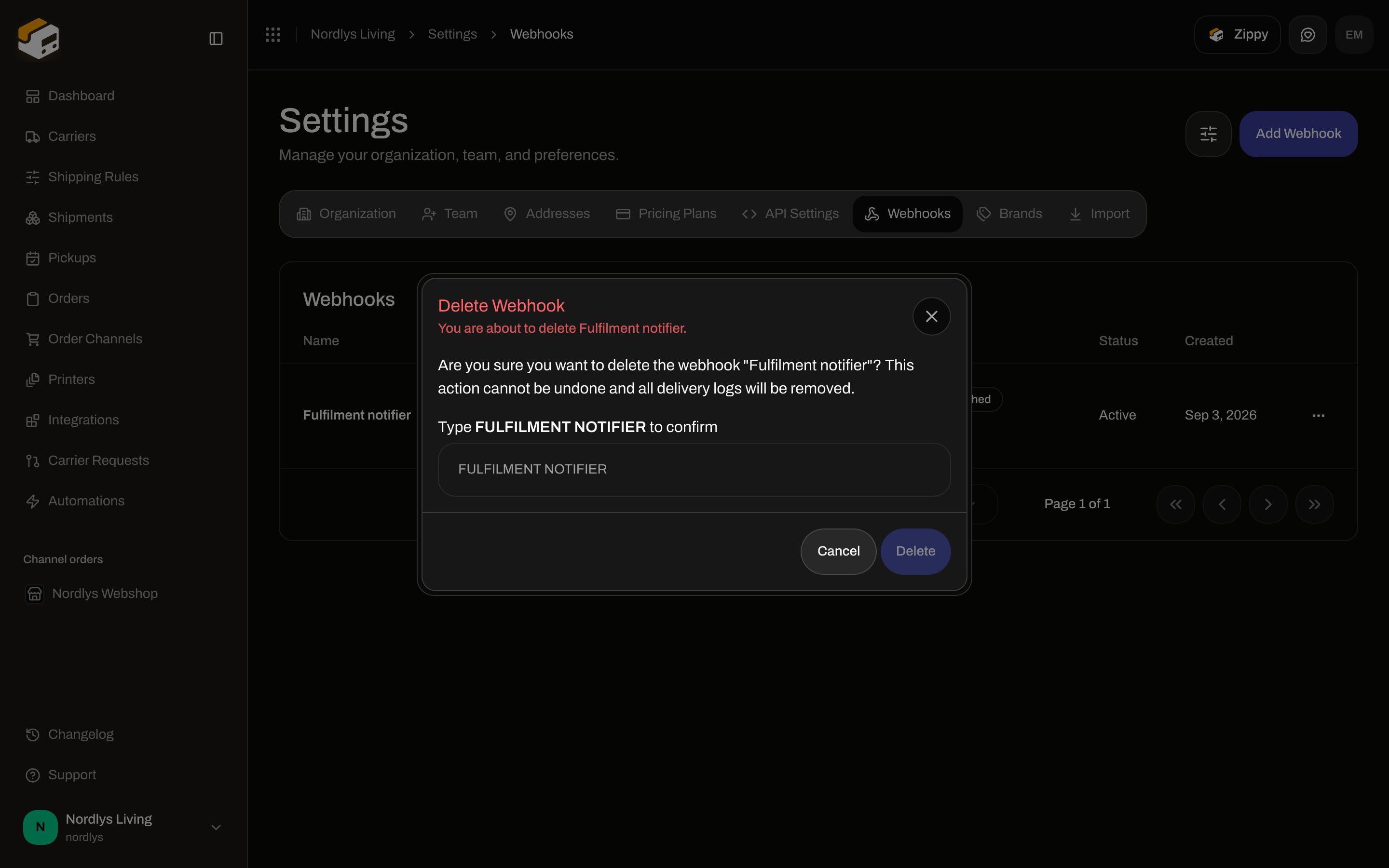 Delete Webhook confirmation with a type-to-confirm field