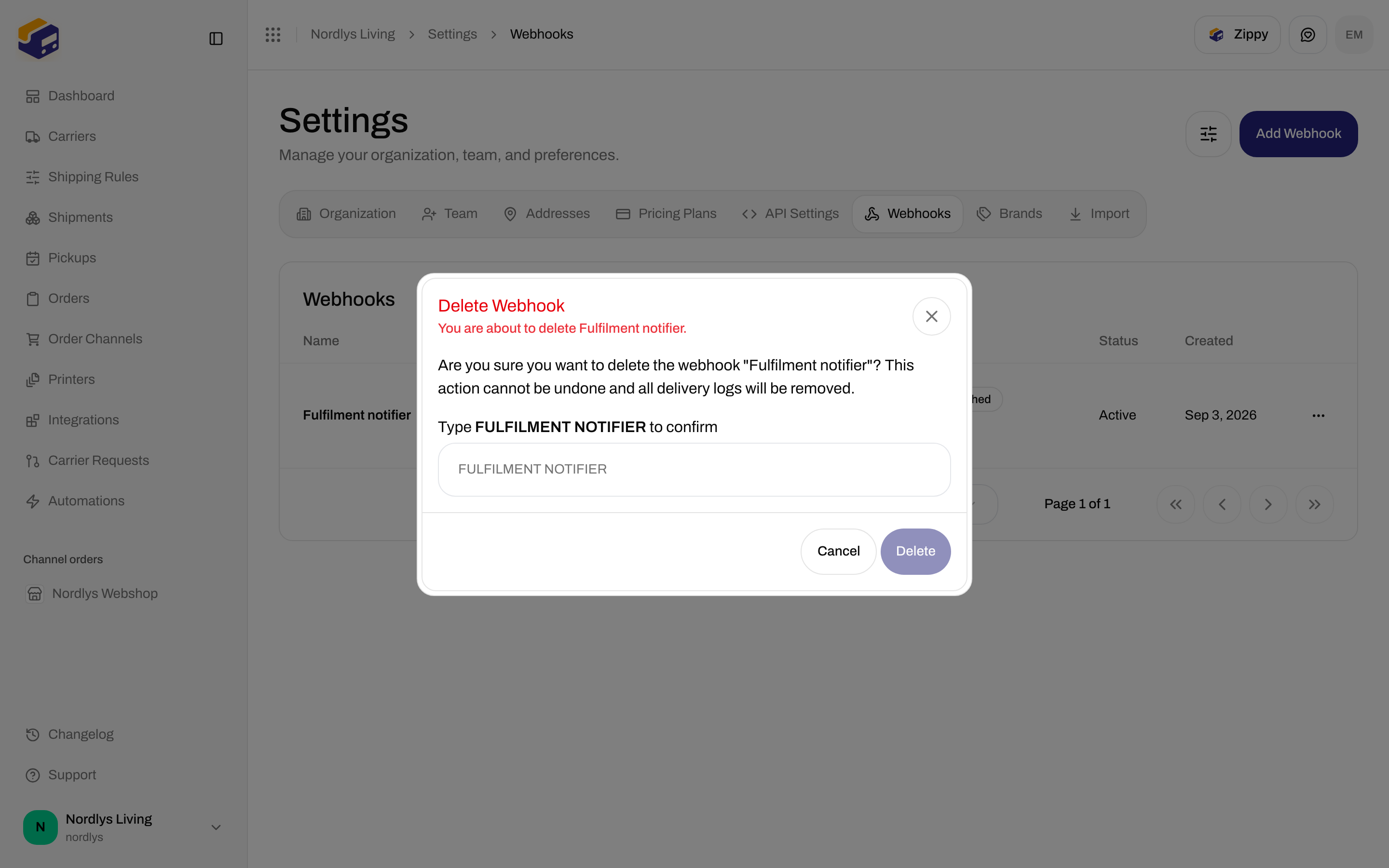 Delete Webhook confirmation with a type-to-confirm field