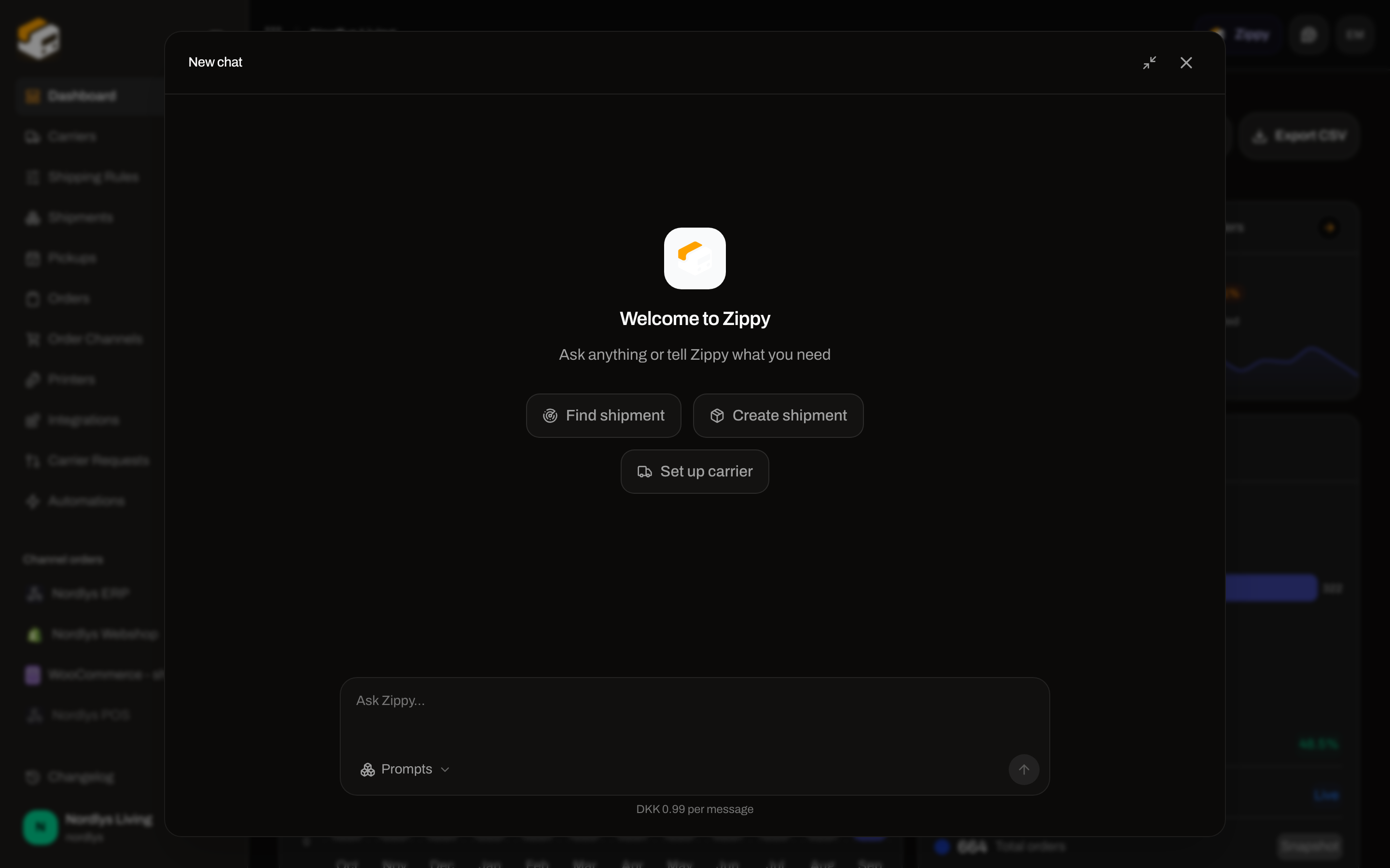 Expanded Zippy dialog centered over the dashboard