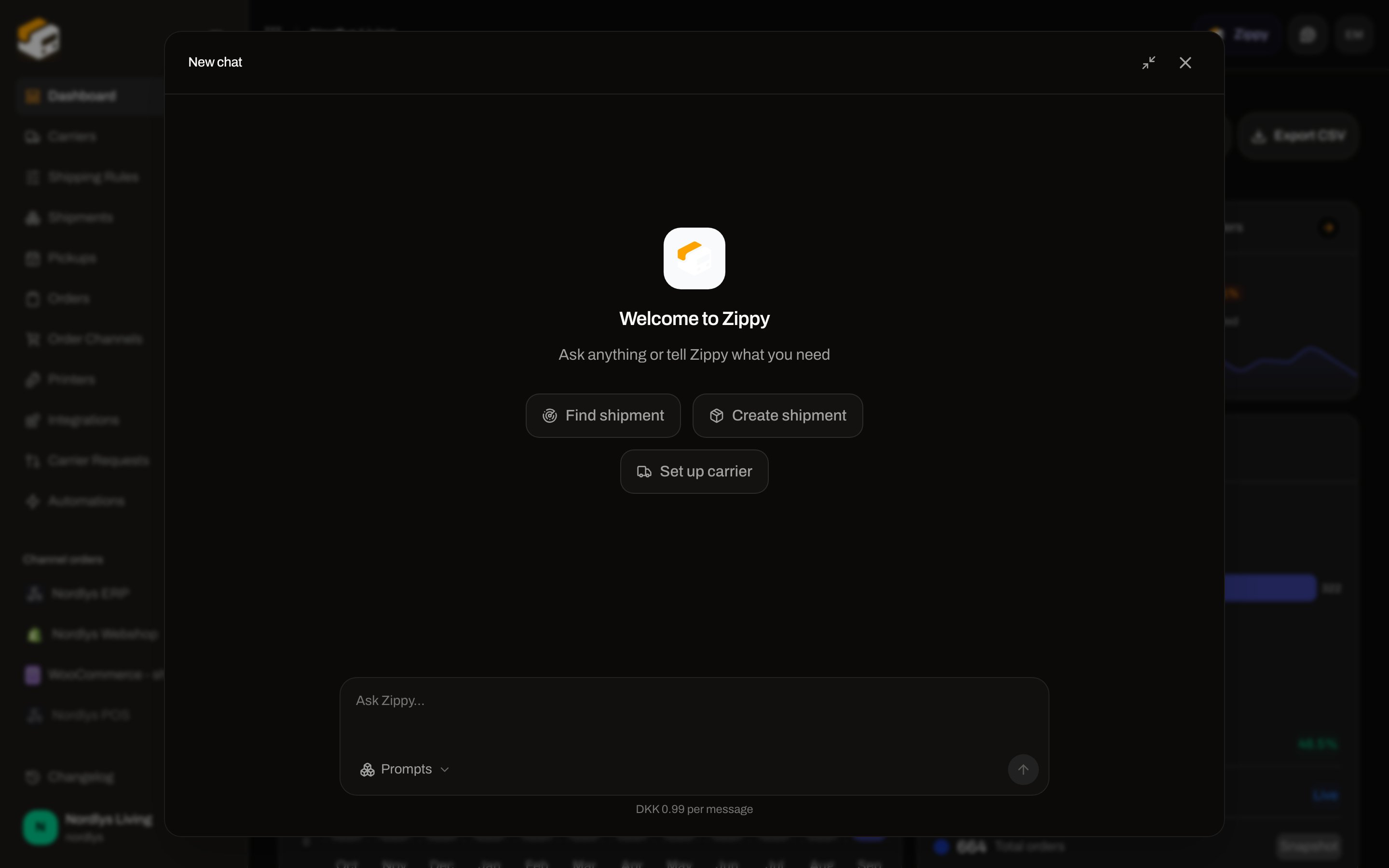 Expanded Zippy dialog centered over the dashboard