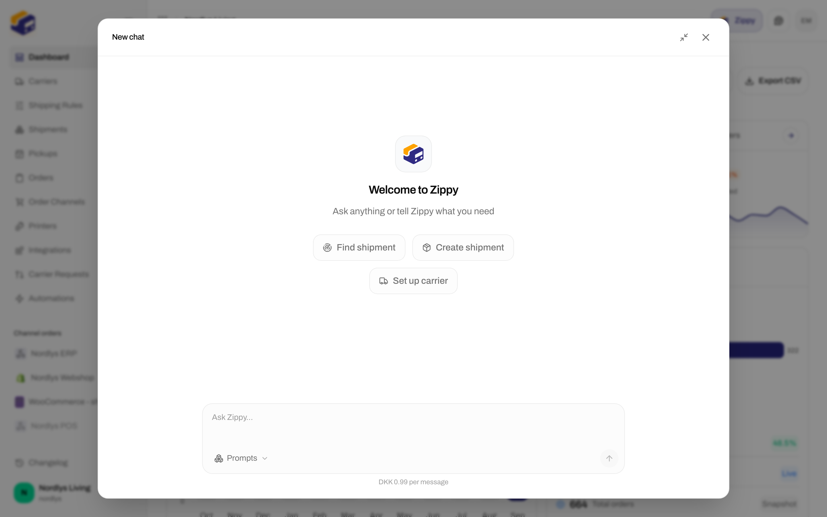 Expanded Zippy dialog centered over the dashboard