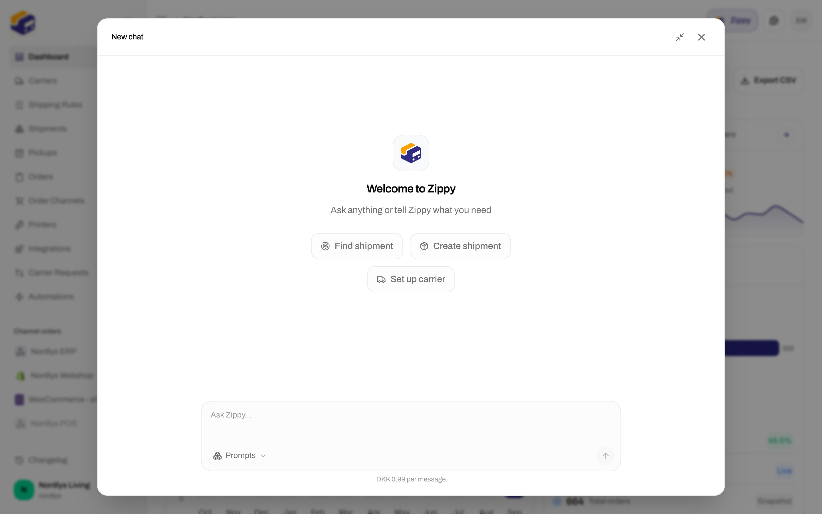 Expanded Zippy dialog centered over the dashboard