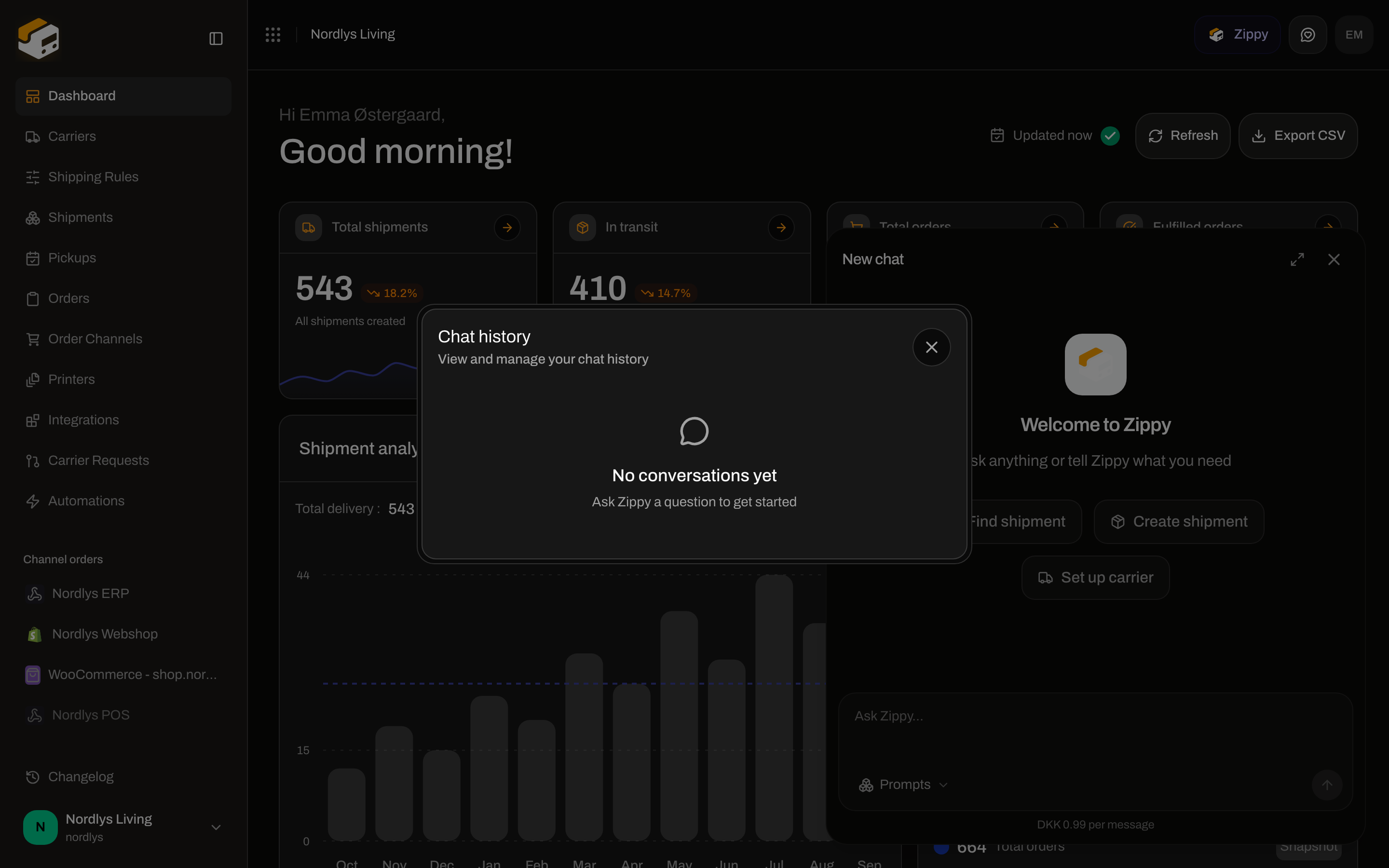 Chat history modal showing No conversations yet and Ask Zippy a question to get started