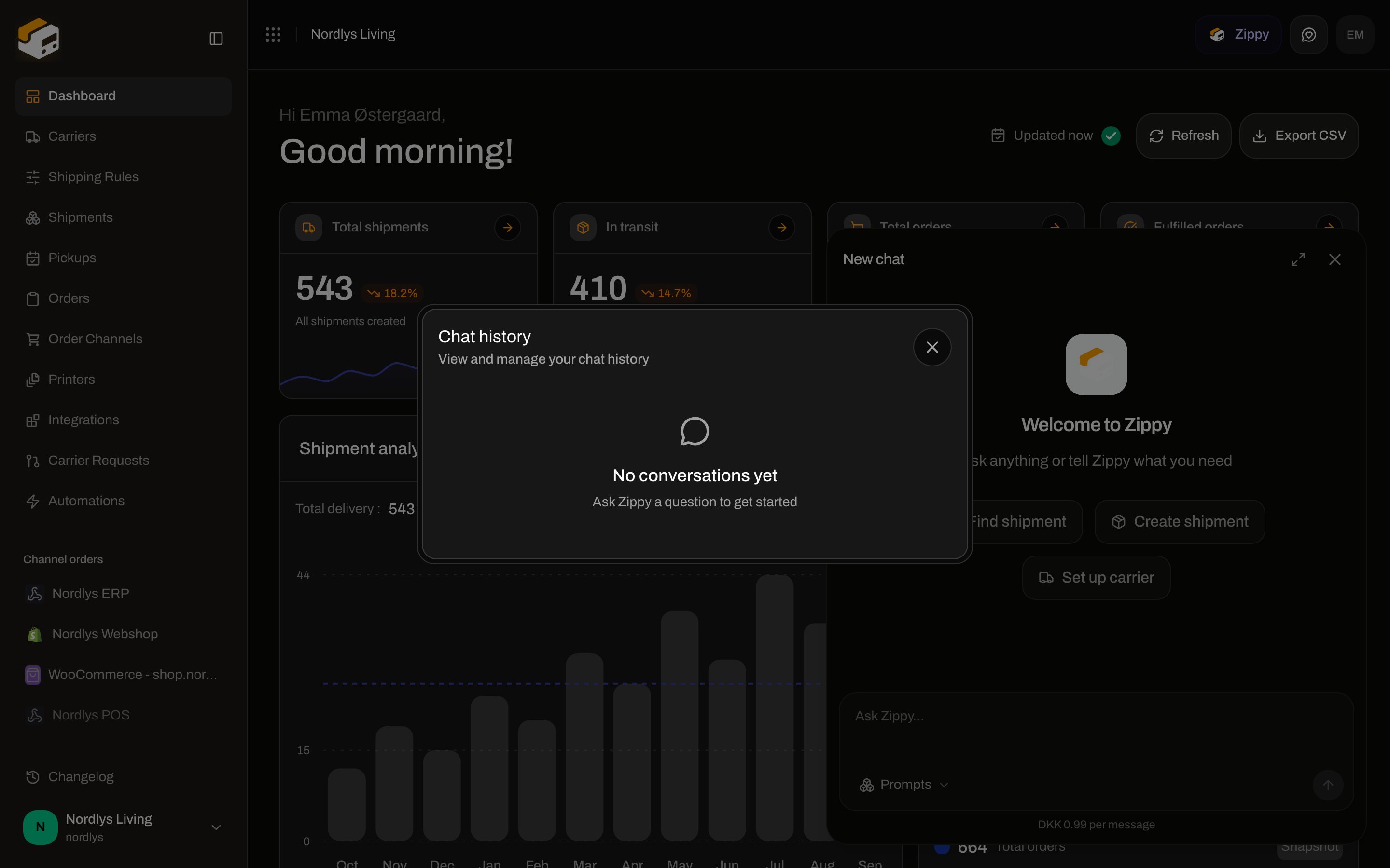 Chat history modal showing No conversations yet and Ask Zippy a question to get started