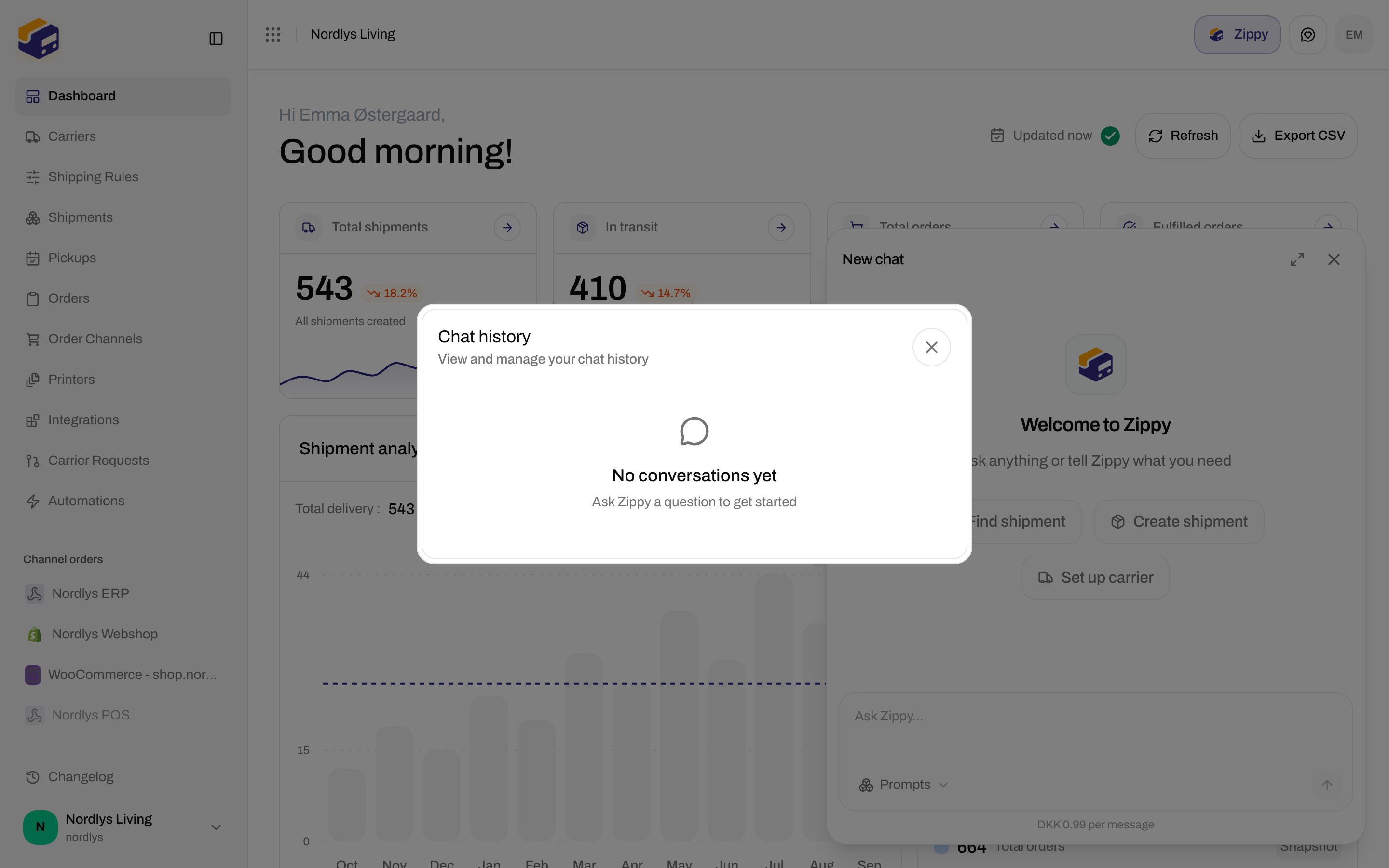 Chat history modal showing No conversations yet and Ask Zippy a question to get started