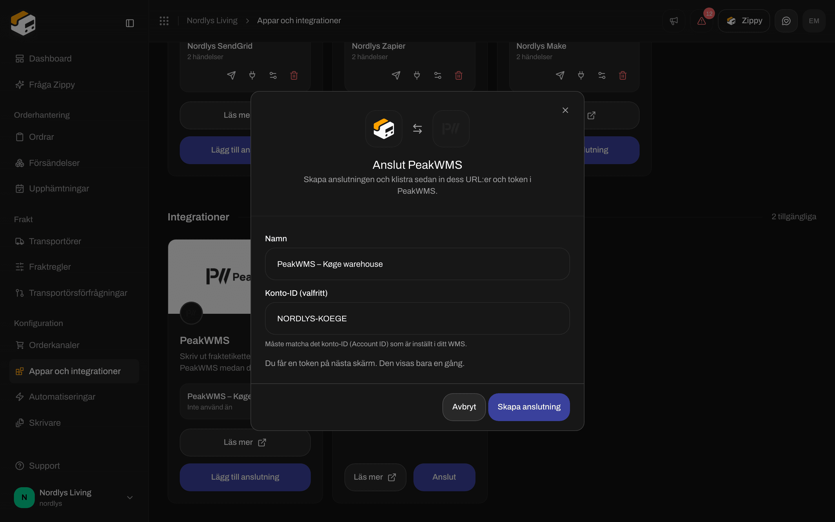 Fönstret Anslut PeakWMS med ett lagernamn och ett exempel på Account ID