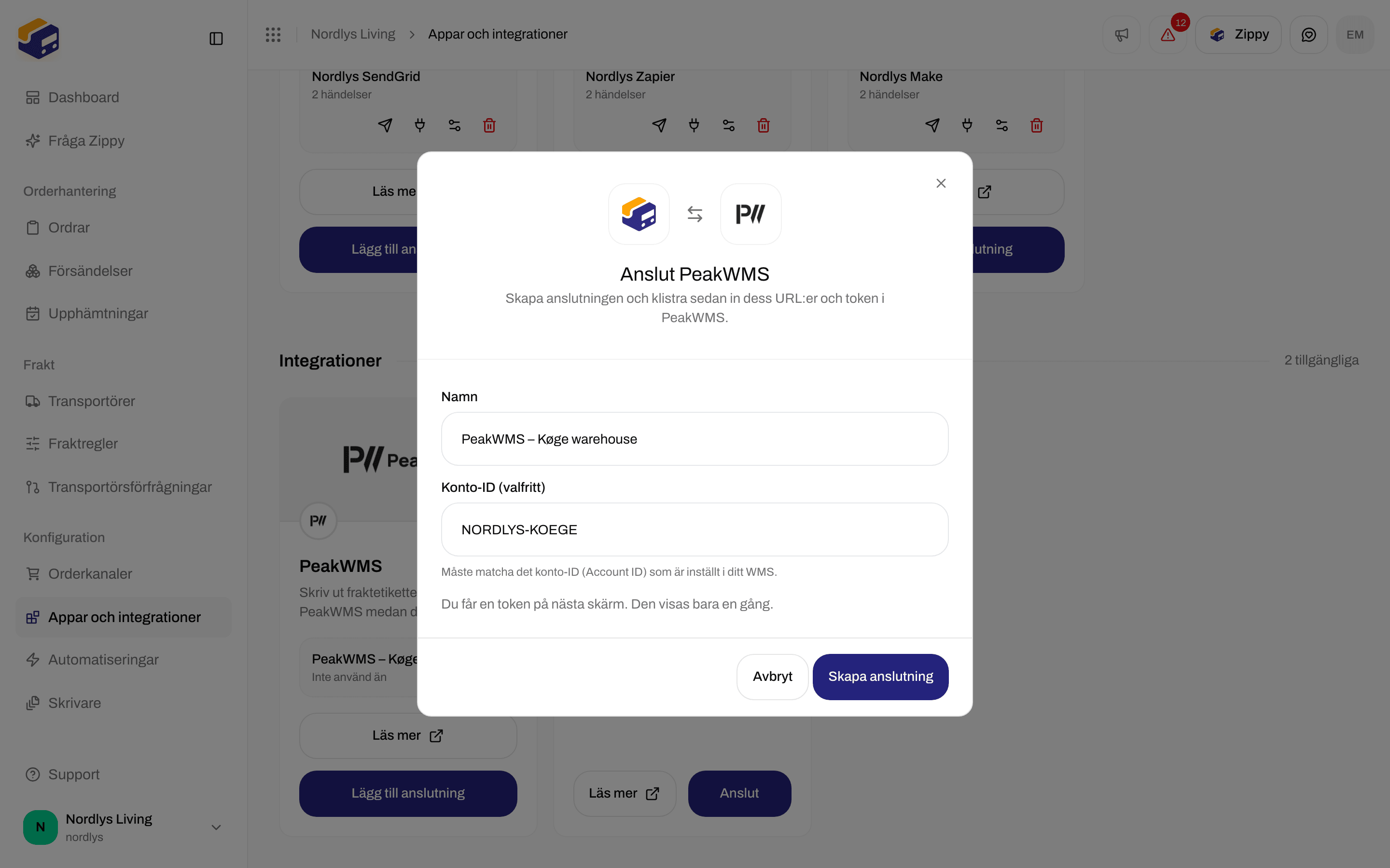 Fönstret Anslut PeakWMS med ett lagernamn och ett exempel på Account ID