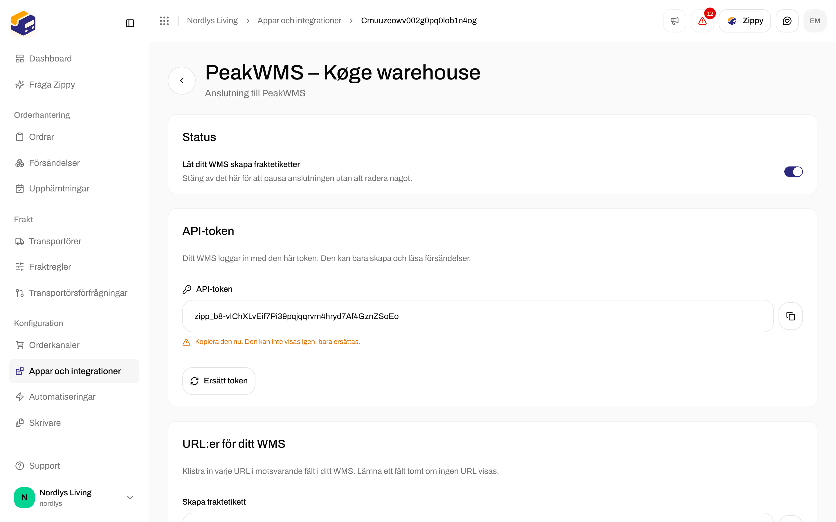 Avsnittet API-token på anslutningens sida som visar API-token en gång, med en kopieringsknapp