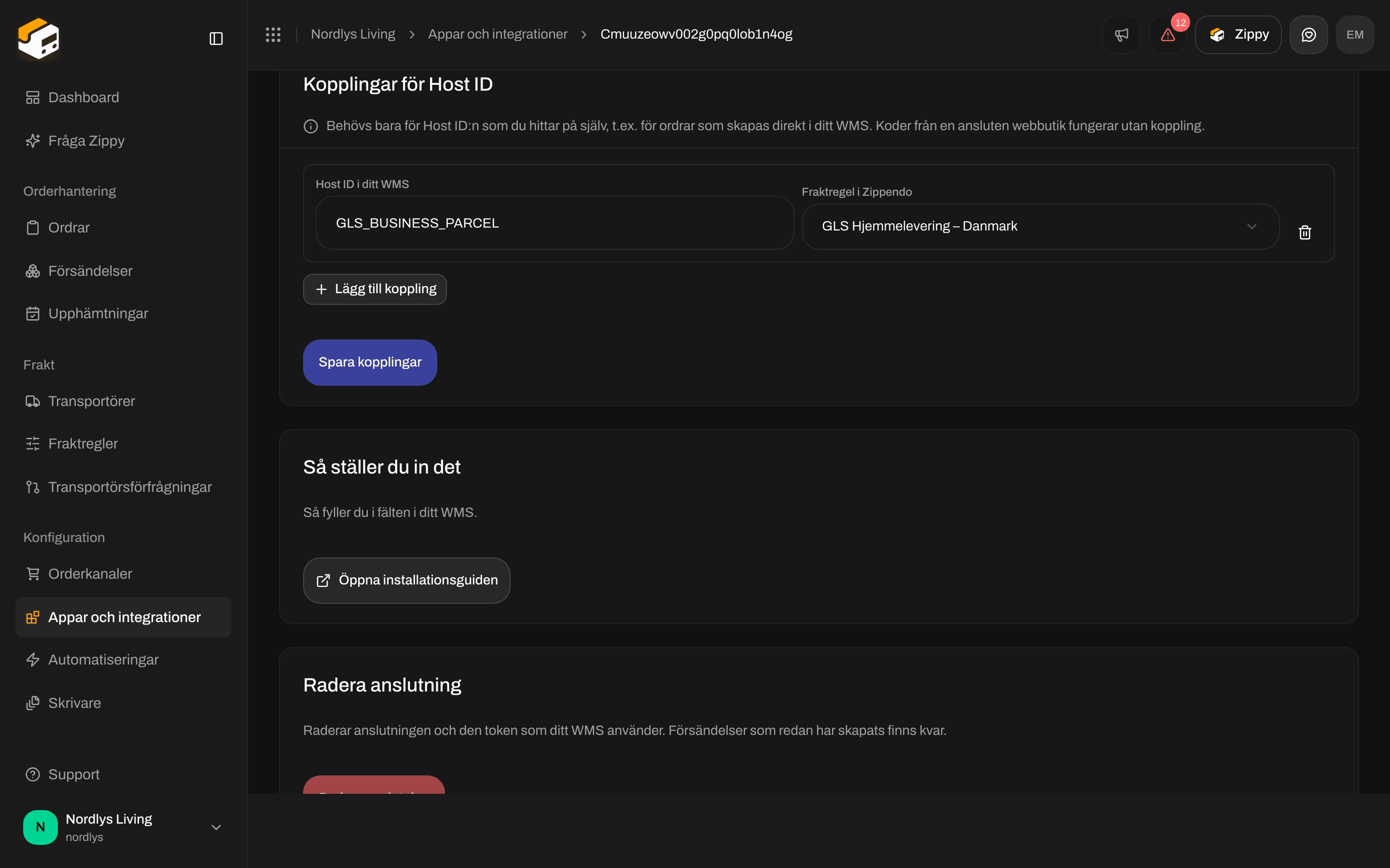 Avsnittet Kopplingar för Host ID med en rad som kopplar GLS_BUSINESS_PARCEL till en GLS-fraktregel för hemleverans