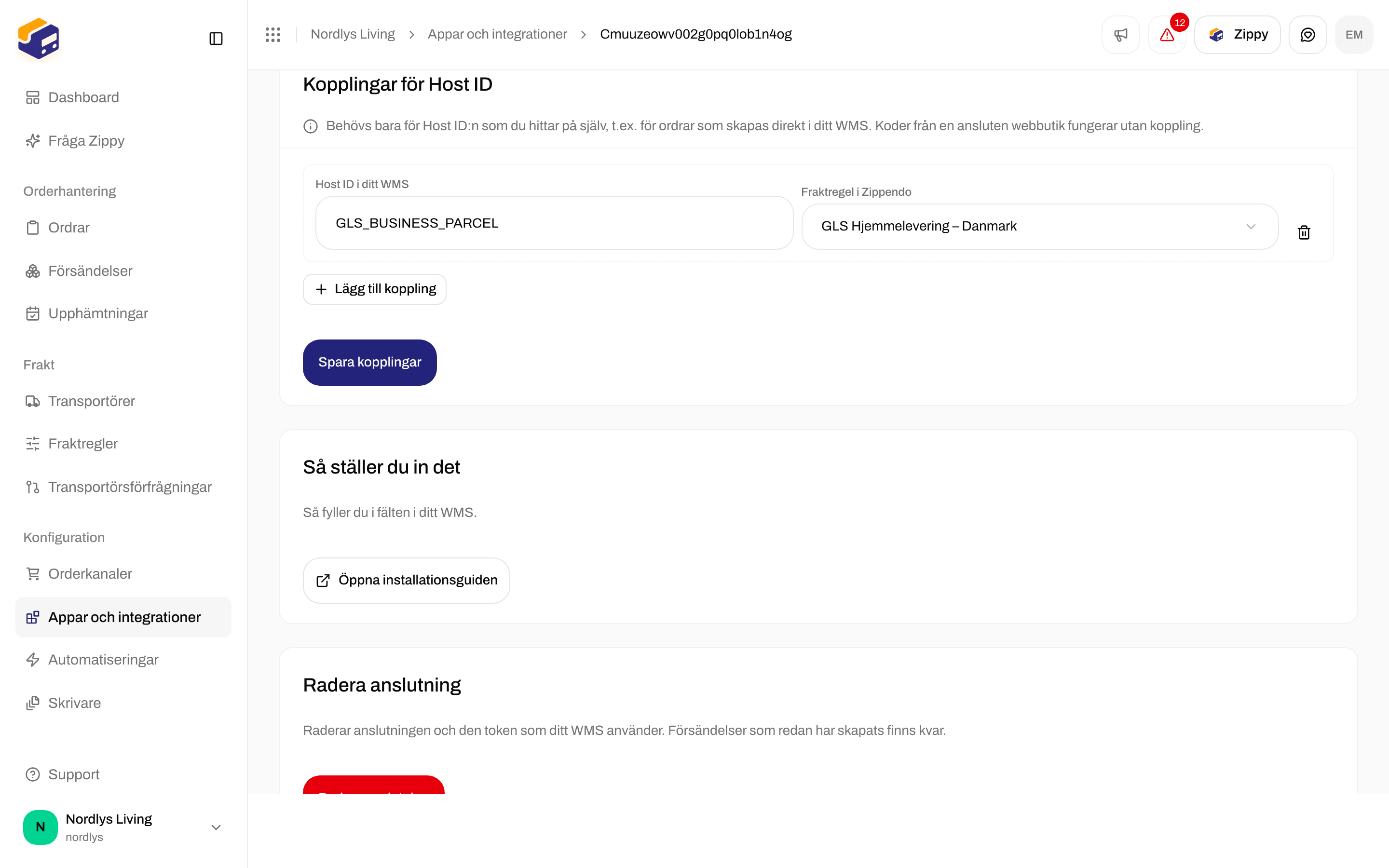 Avsnittet Kopplingar för Host ID med en rad som kopplar GLS_BUSINESS_PARCEL till en GLS-fraktregel för hemleverans