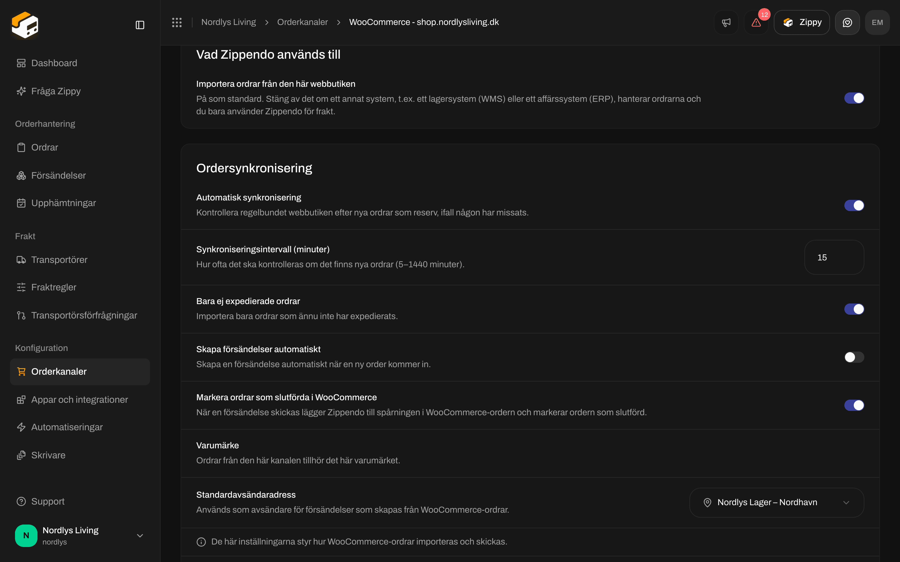 Orderkanalens inställningar med avsnittet Vad Zippendo används till och reglaget för orderimport