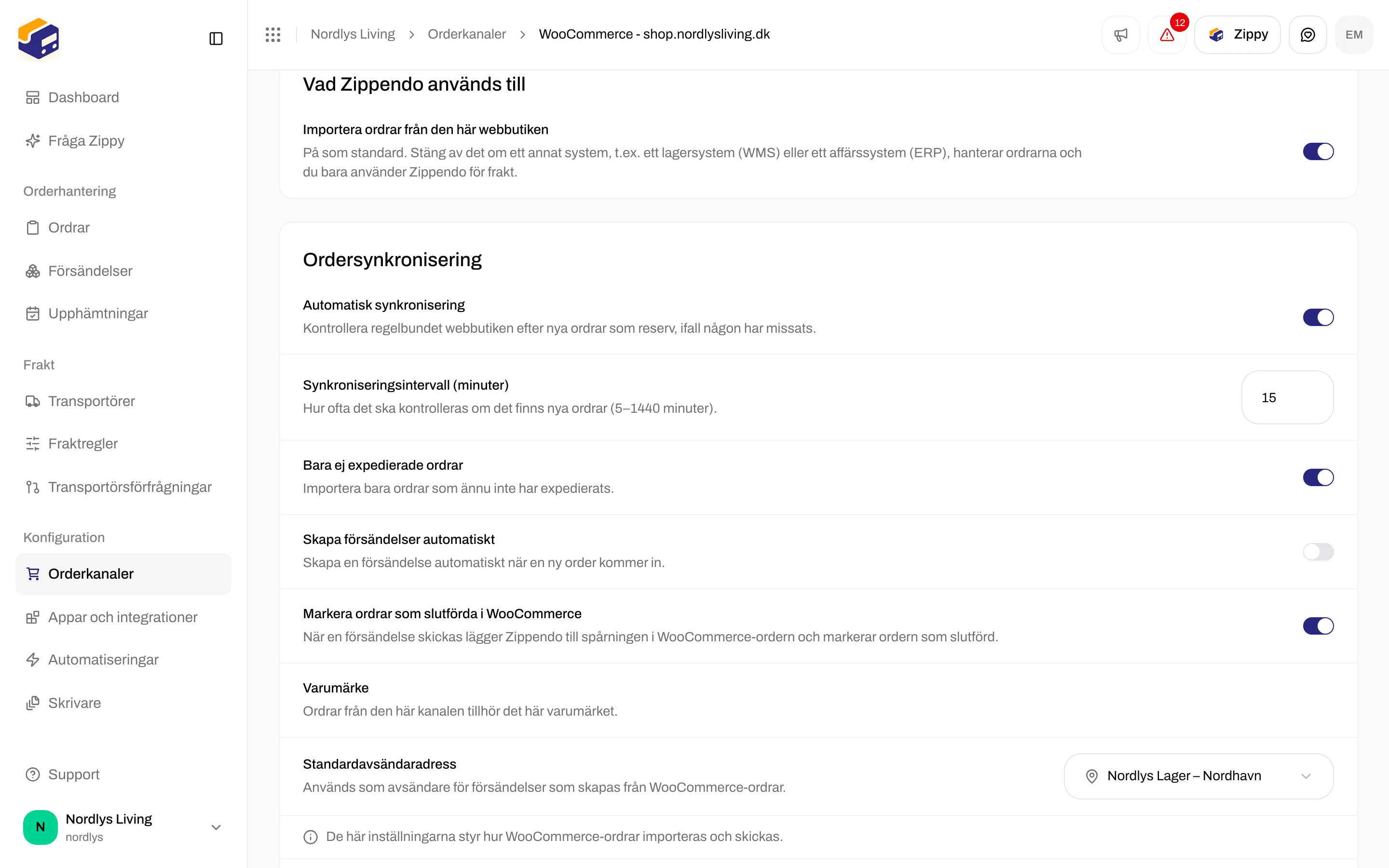 Orderkanalens inställningar med avsnittet Vad Zippendo används till och reglaget för orderimport