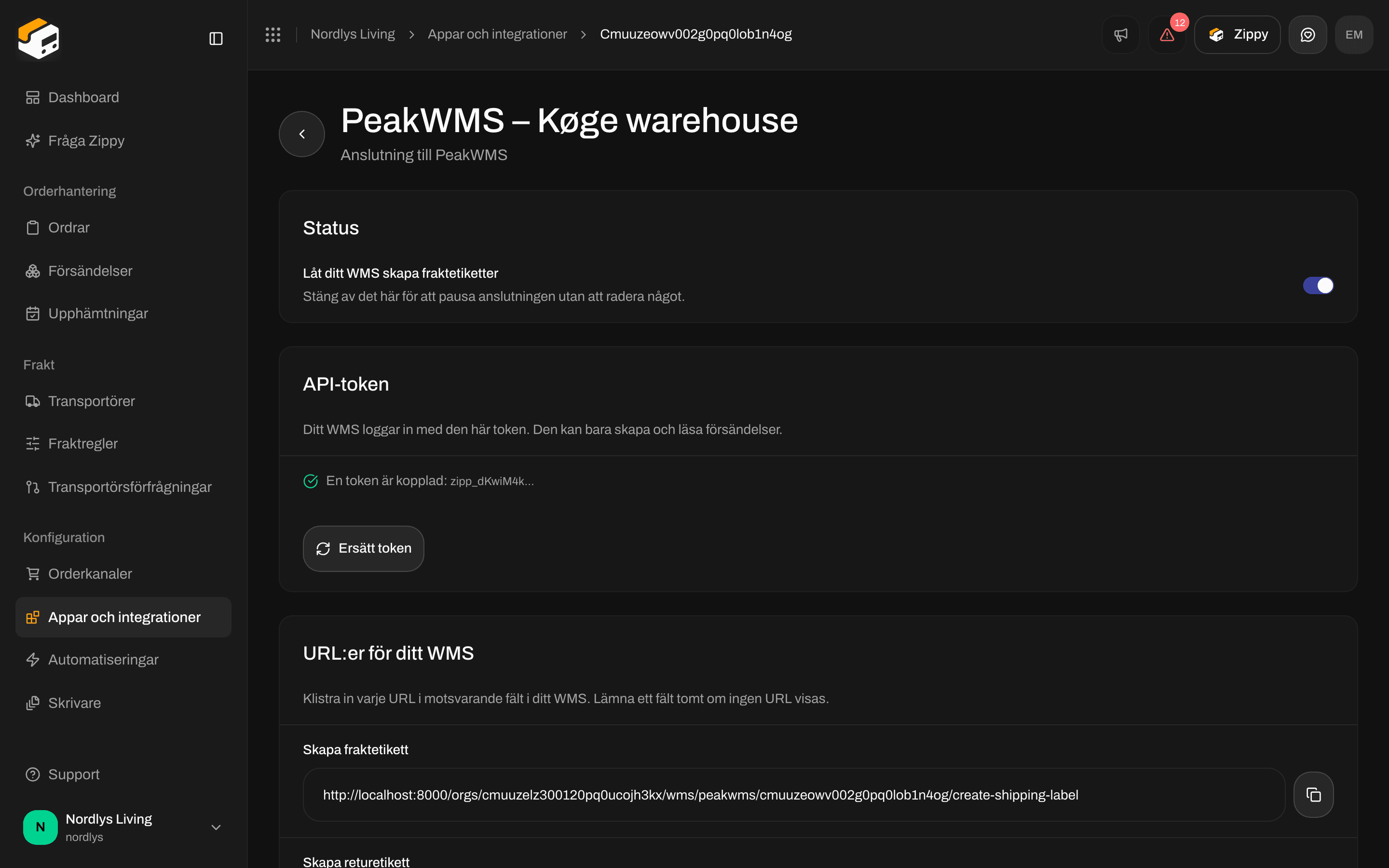 Anslutningens sida med avsnittet Status och reglaget Låt ditt WMS skapa fraktetiketter påslaget