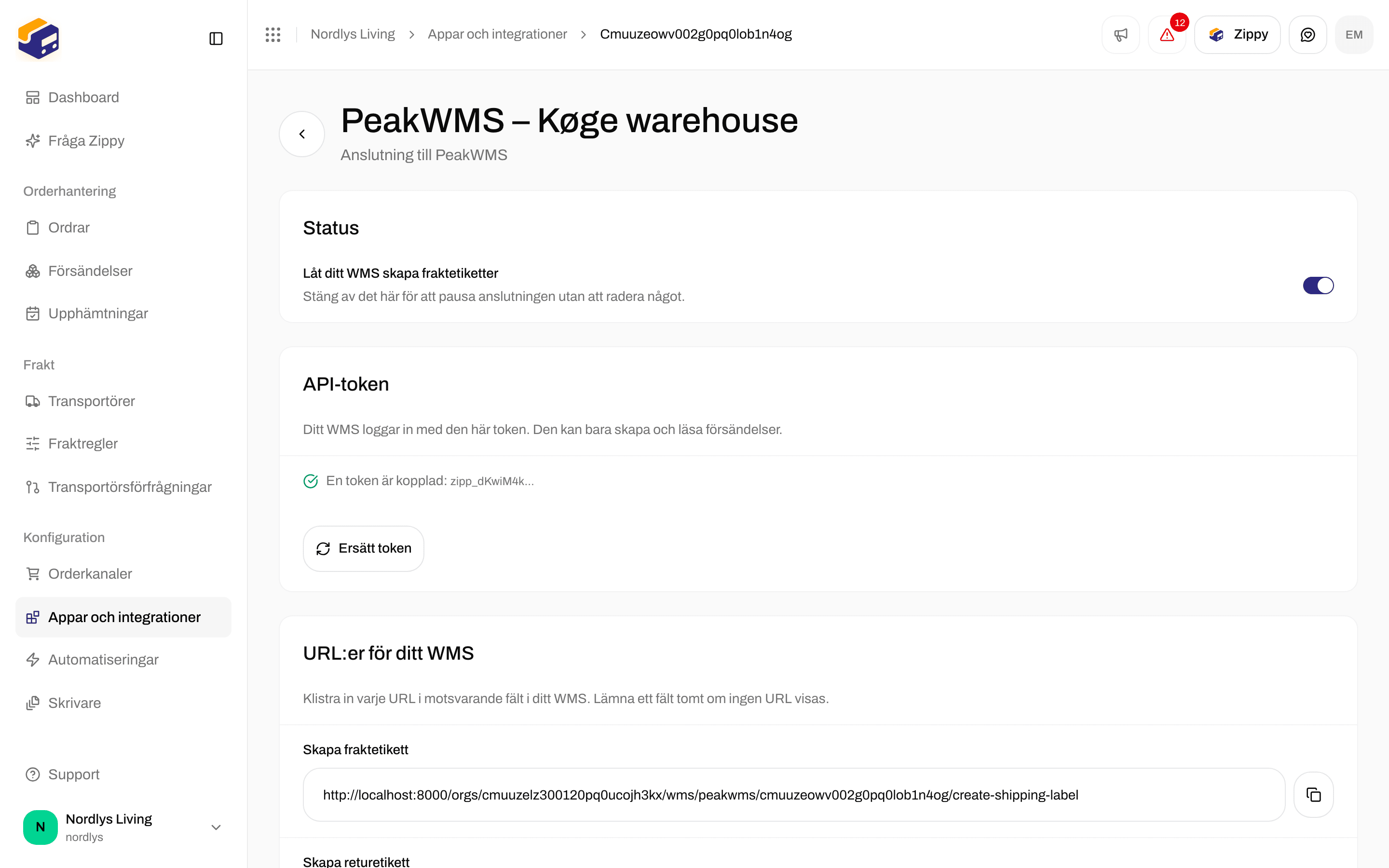 Anslutningens sida med avsnittet Status och reglaget Låt ditt WMS skapa fraktetiketter påslaget
