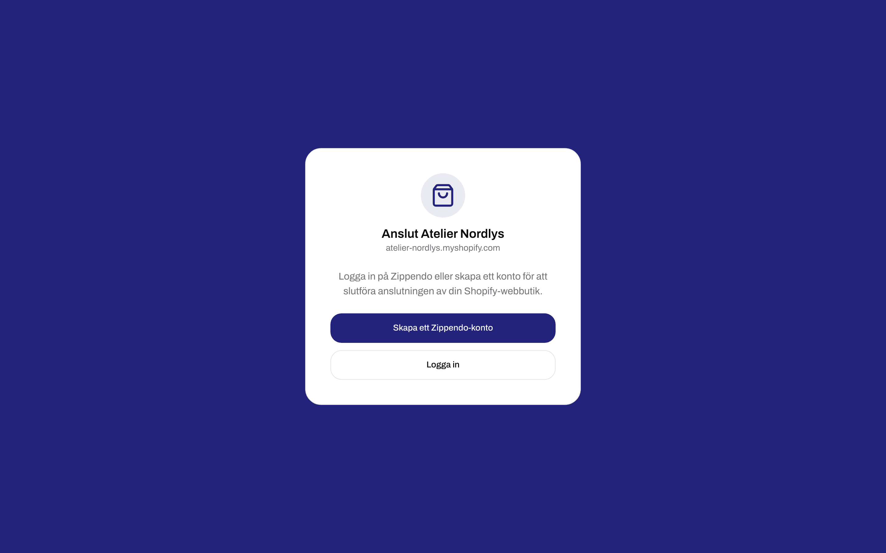 Anslutningssidan för en Shopify-webbutik med knapparna Skapa ett Zippendo-konto och Logga in