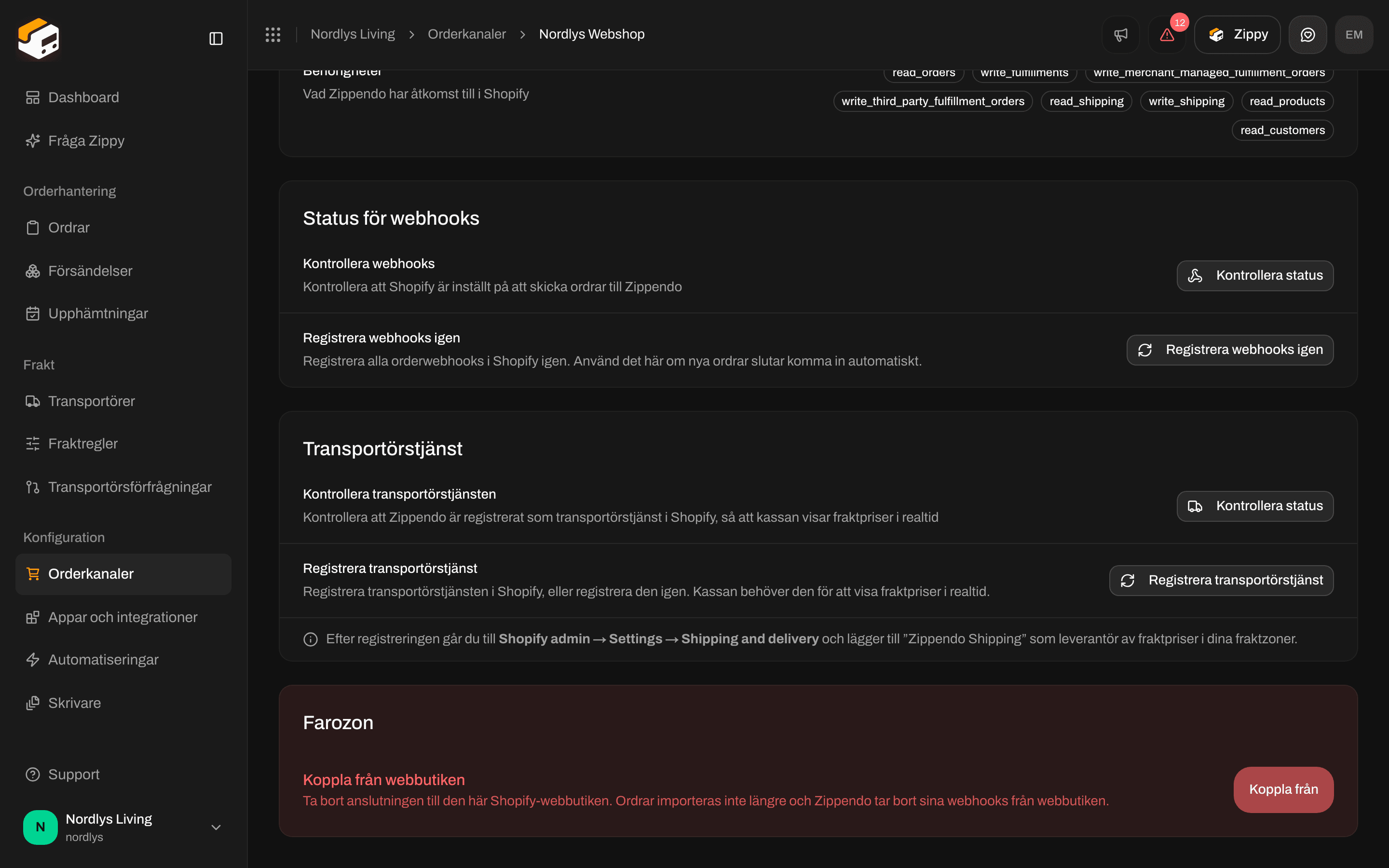 Fliken Anslutning med Status för webhooks, Transportörstjänst och Farozon med Koppla från webbutiken