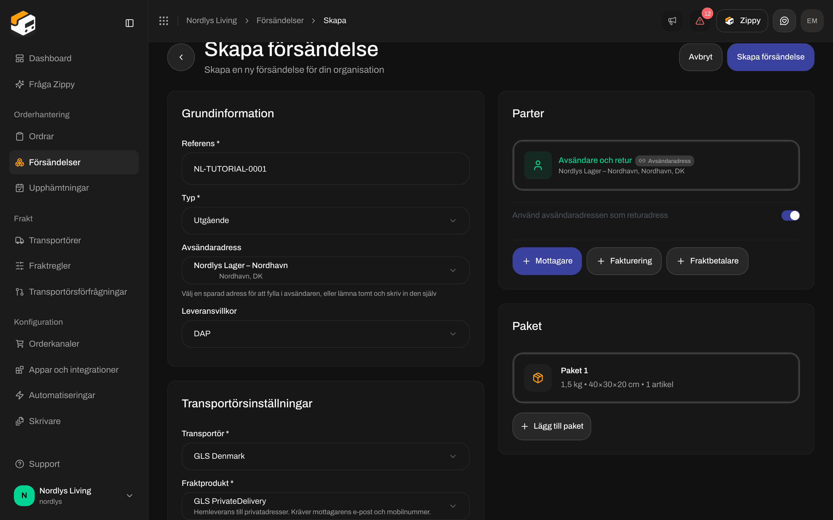 Formuläret Skapa försändelse ifyllt med en referens, en avsändaradress, GLS PrivateDelivery och ett paket