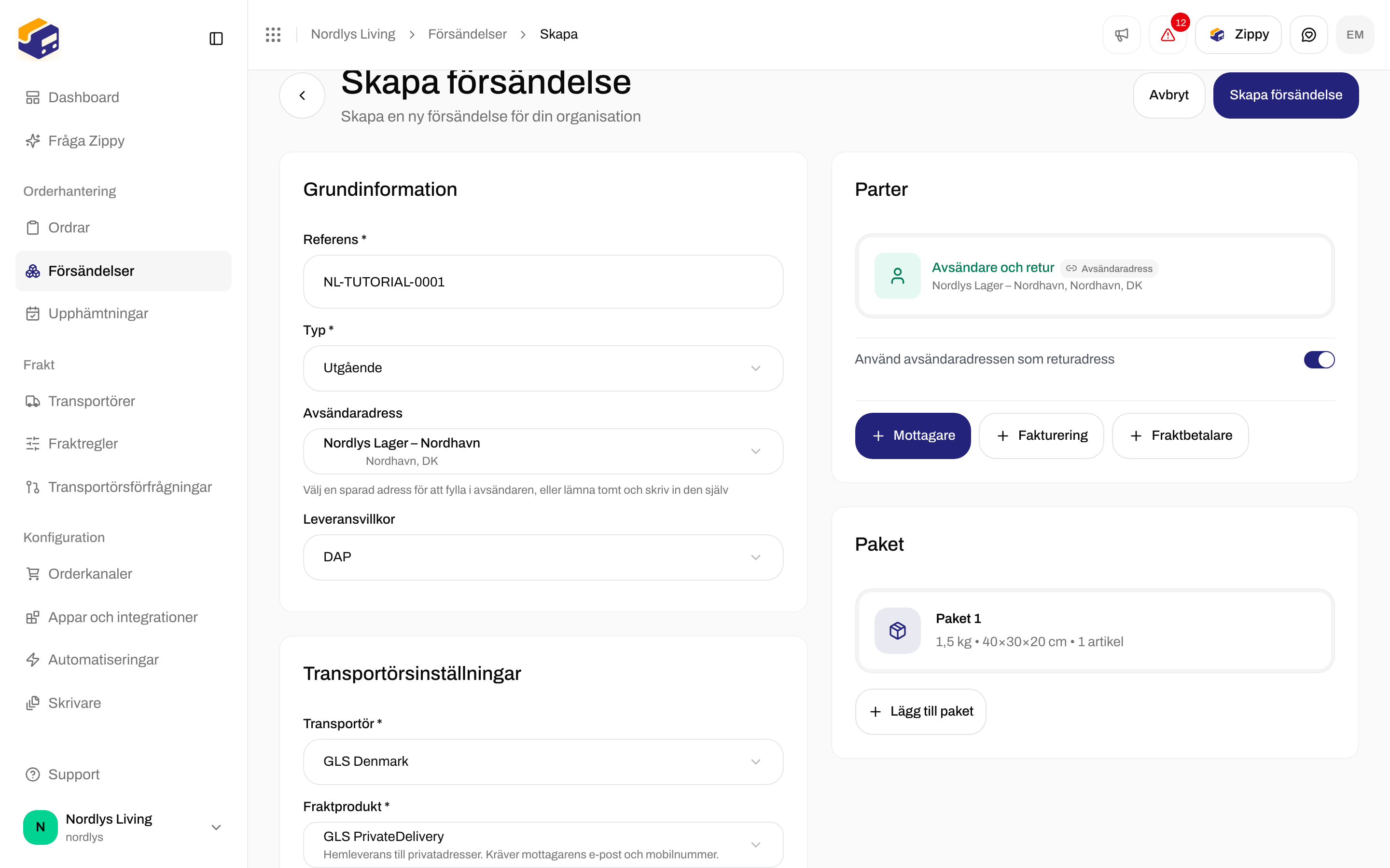 Formuläret Skapa försändelse ifyllt med en referens, en avsändaradress, GLS PrivateDelivery och ett paket