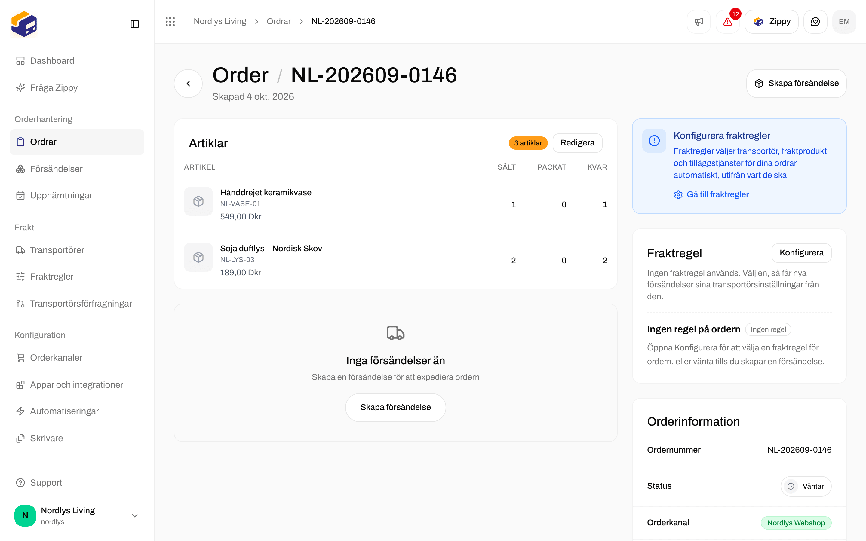 En order som väntar med Skapa försändelse högst upp
