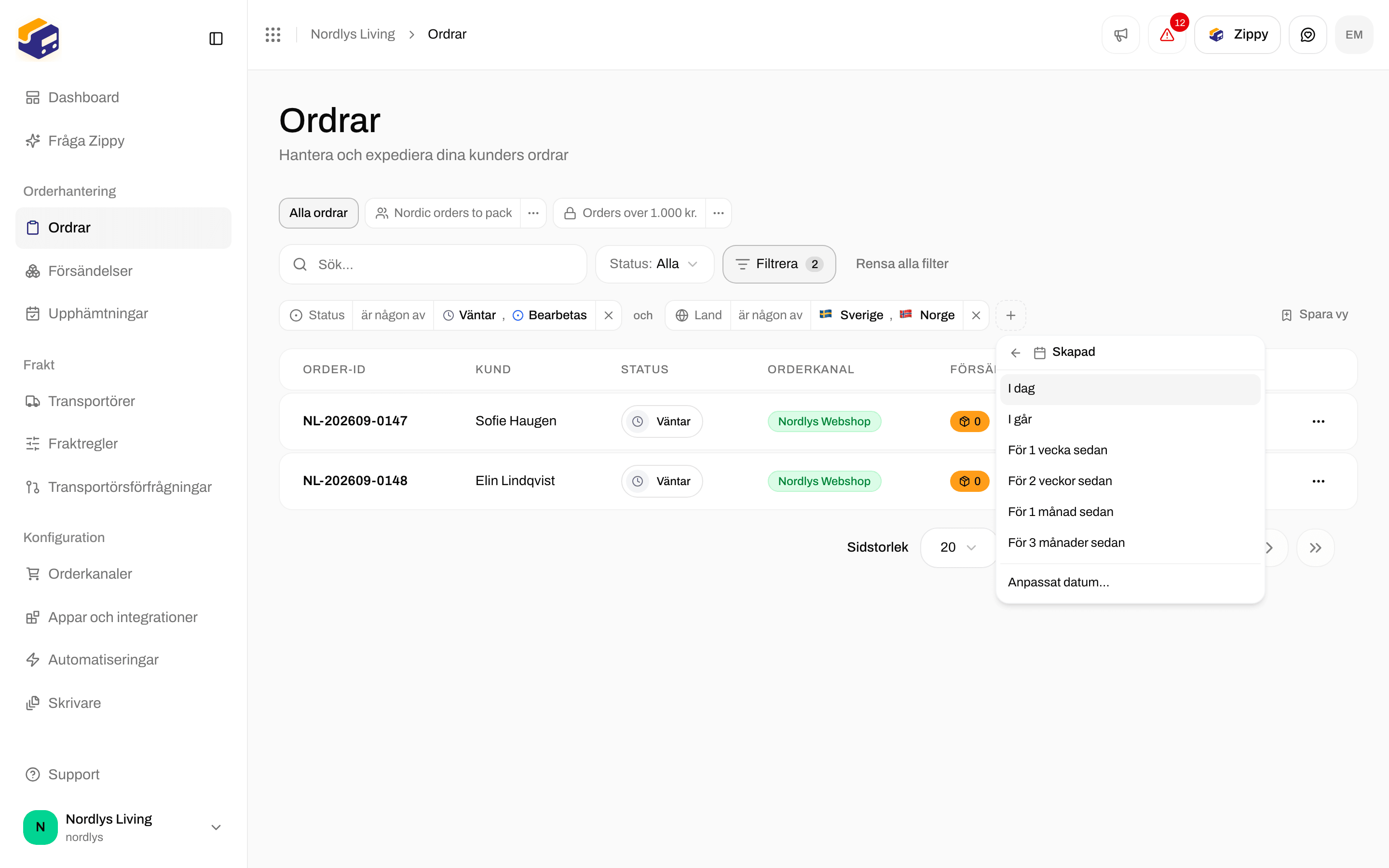 Created-filter med valen Today, Yesterday, 1 week ago, 1 month ago och Custom date