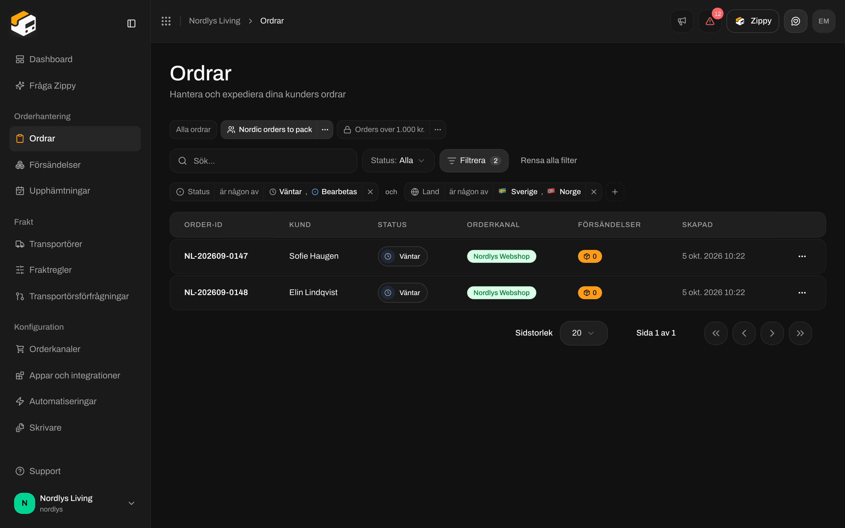 Flikar ovanför filtren: All orders, Nordic orders to pack (aktiv) och en personlig vy