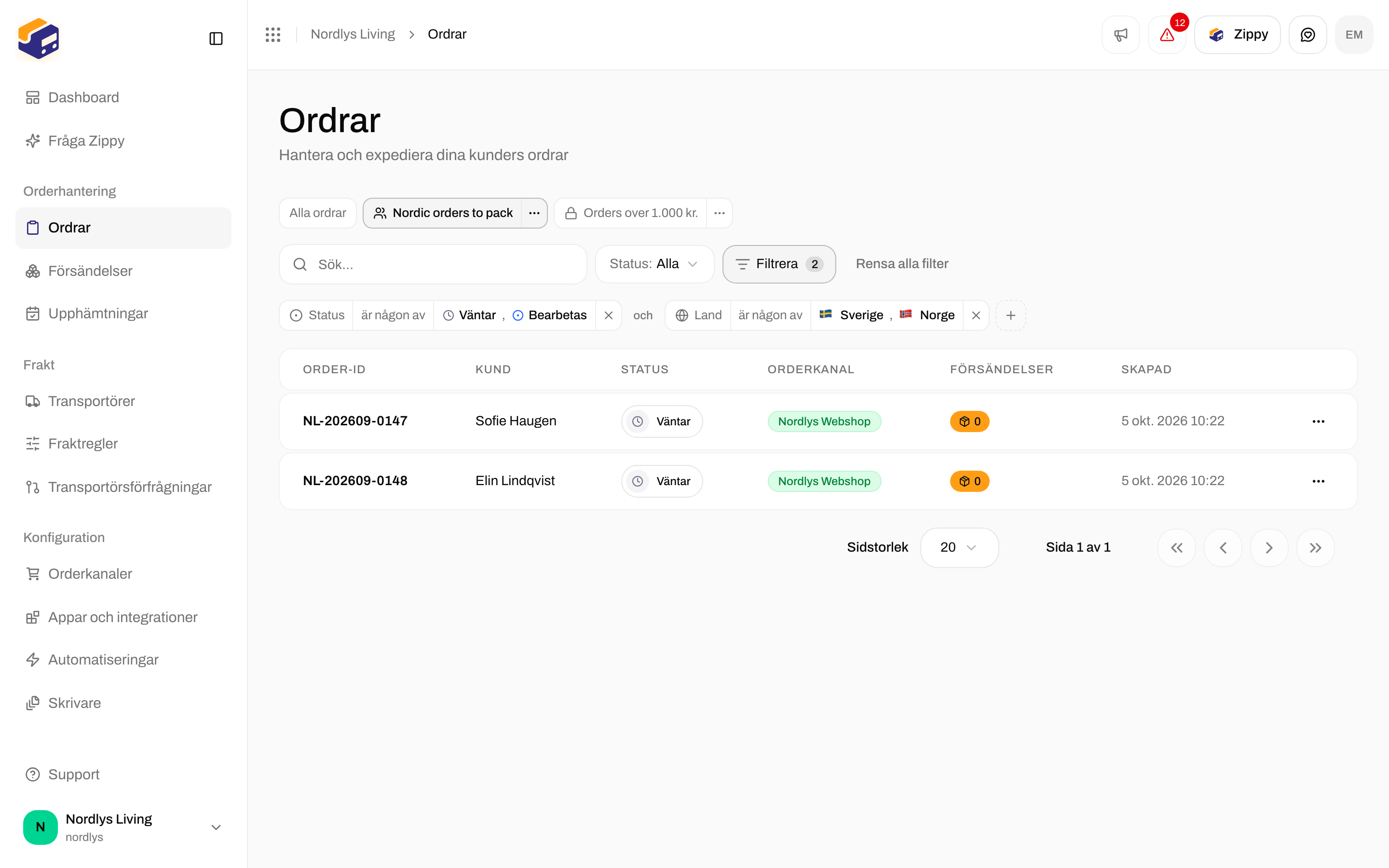 Flikar ovanför filtren: All orders, Nordic orders to pack (aktiv) och en personlig vy