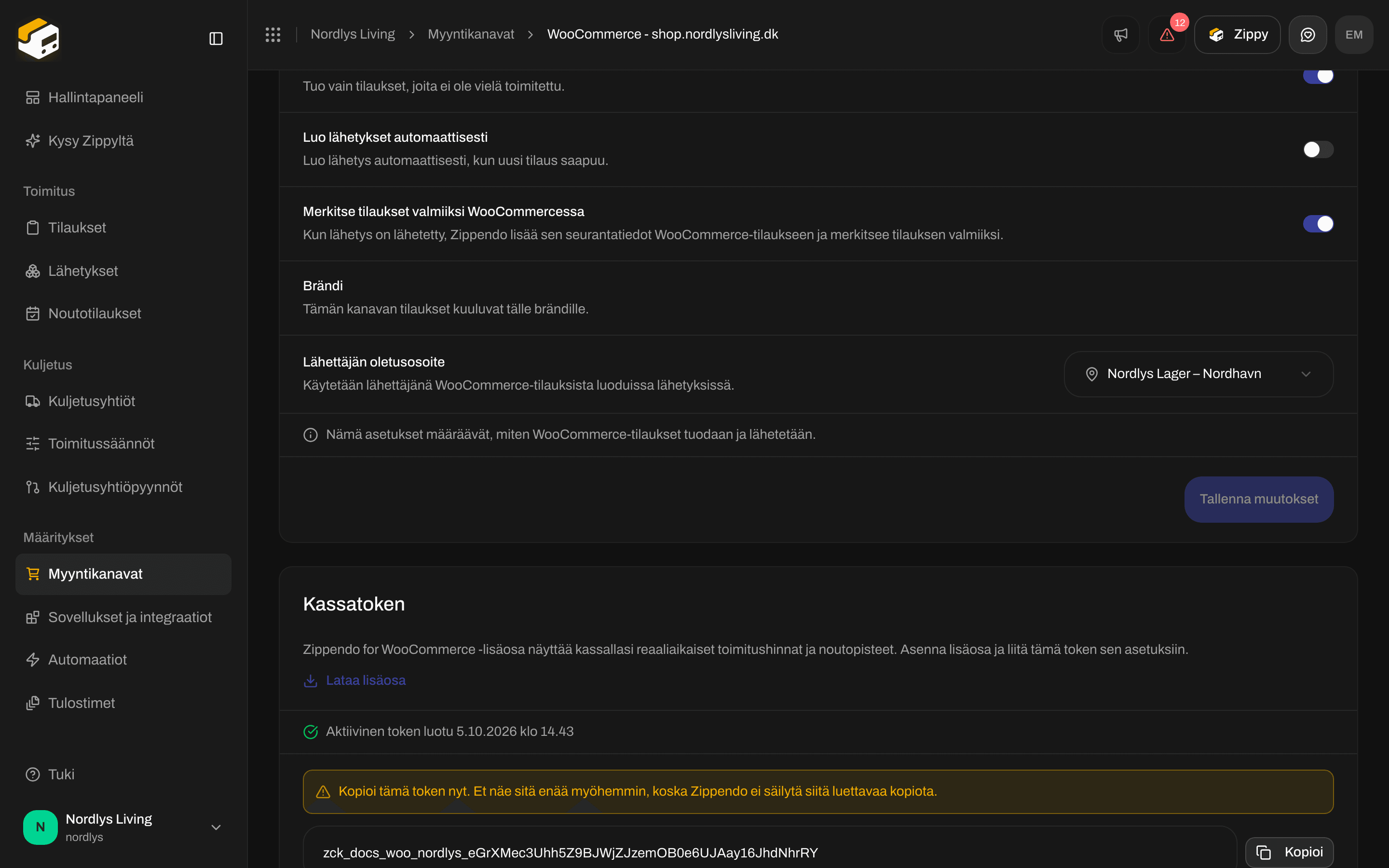 Kassatoken-kortti, jossa kertaluontoinen varoitus, zck_-token, Kopioi, Mitätöi ja Vaihda token