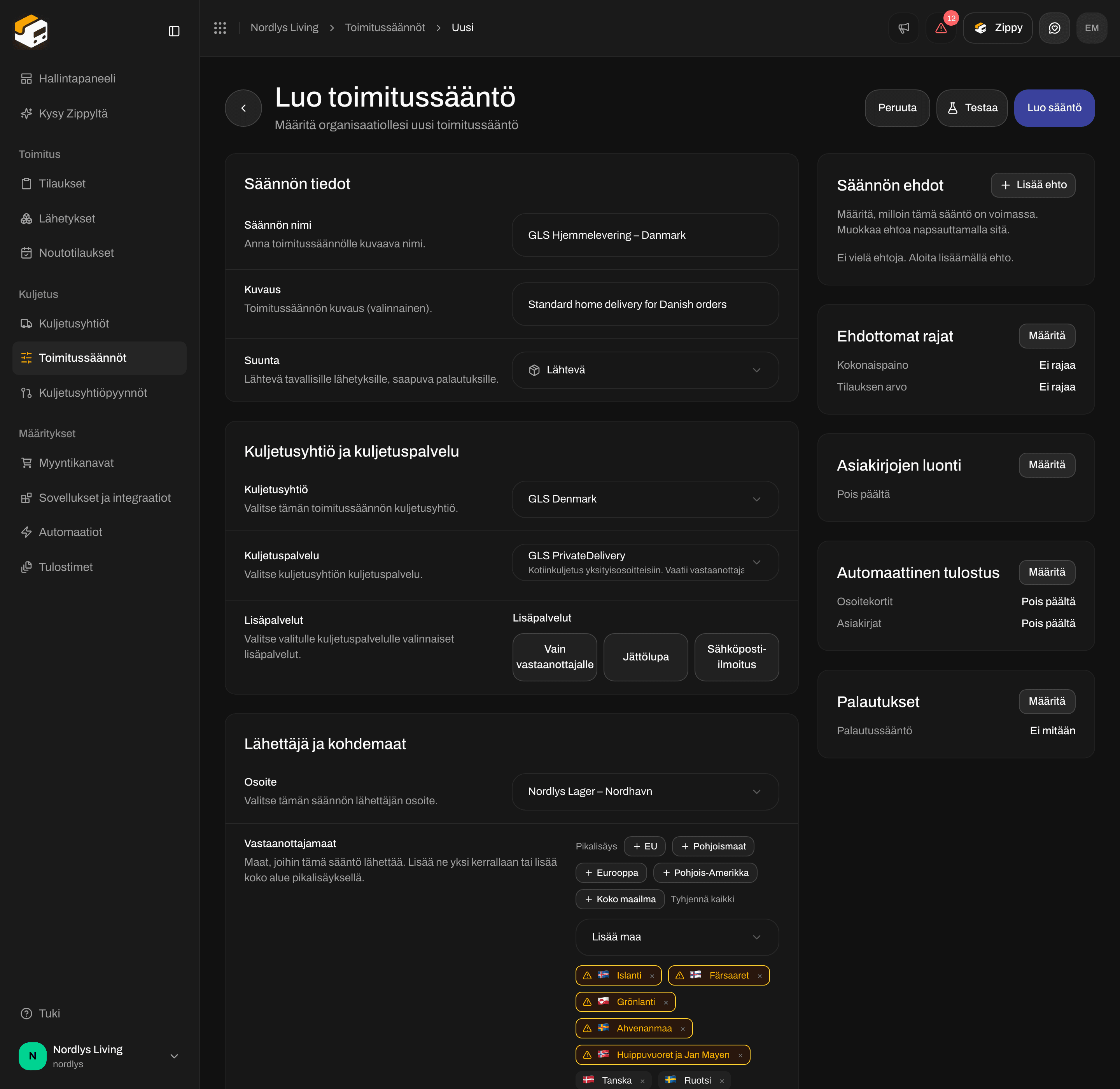 Toimitussäännön luontilomake, jossa GLS Denmark, GLS PrivateDelivery ja Pohjoismaat maina