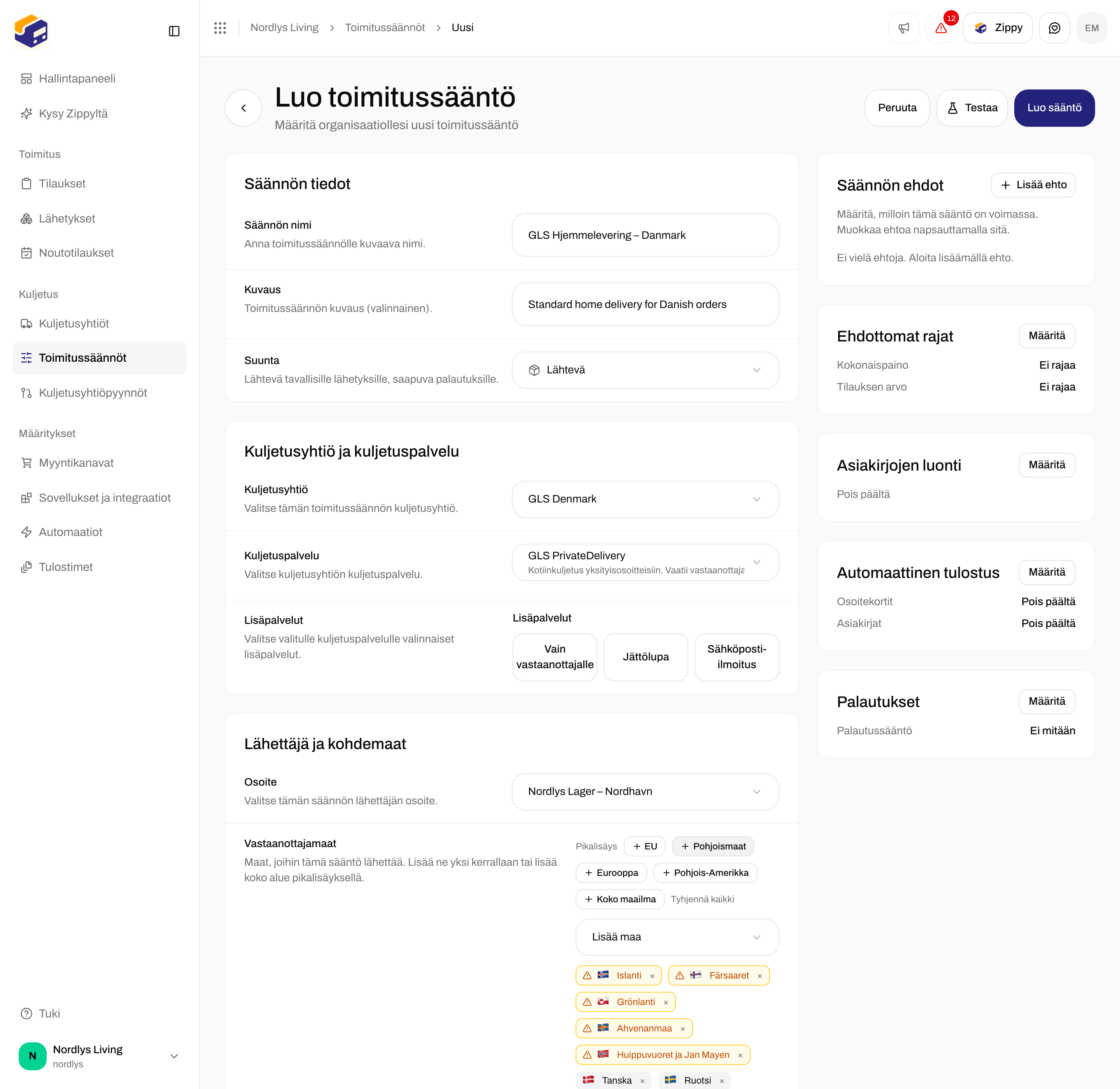 Toimitussäännön luontilomake, jossa GLS Denmark, GLS PrivateDelivery ja Pohjoismaat maina