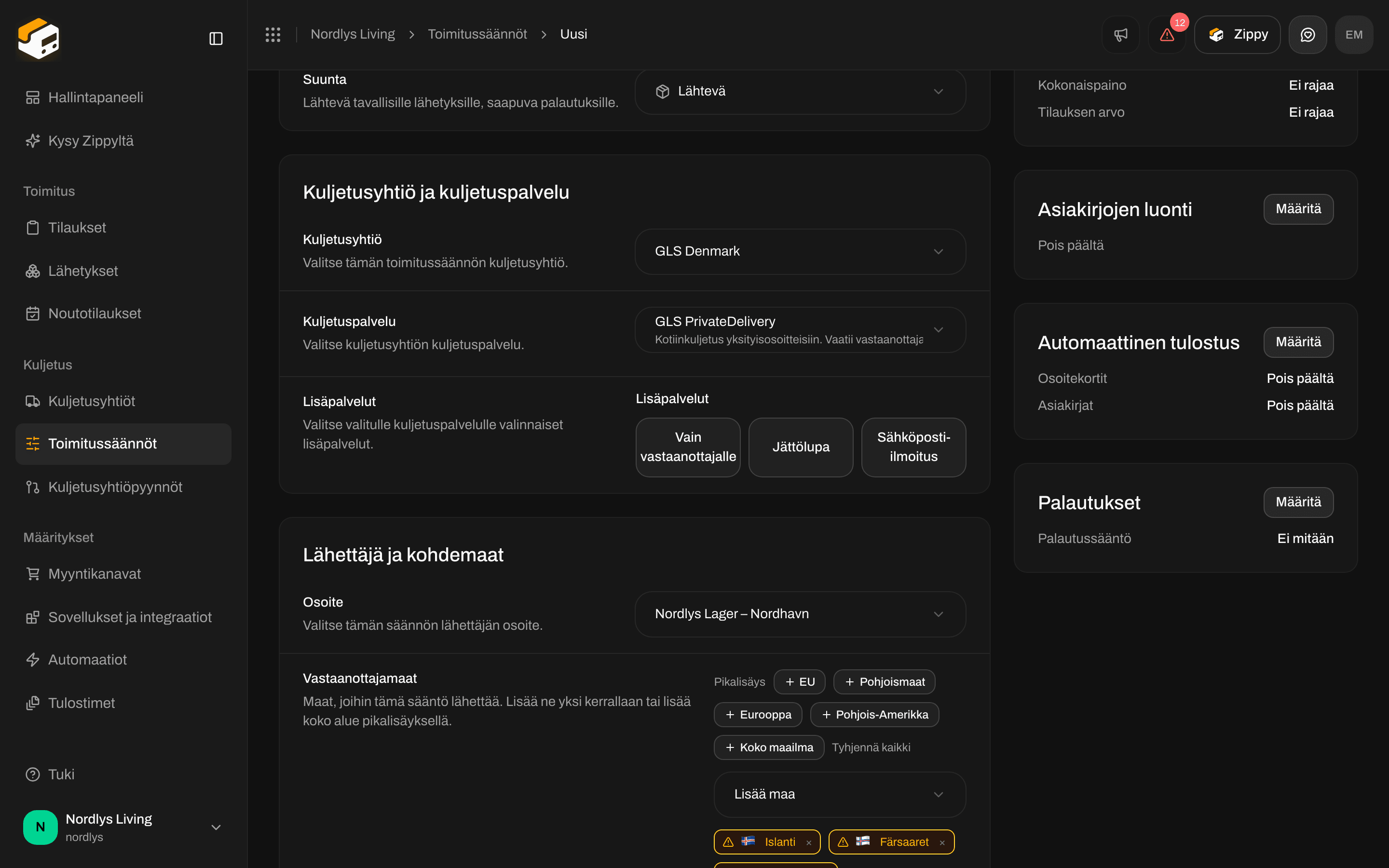 Ehdottomat rajat, joissa Vähintään ja Enintään kokonaispainolle ja tilauksen arvolle