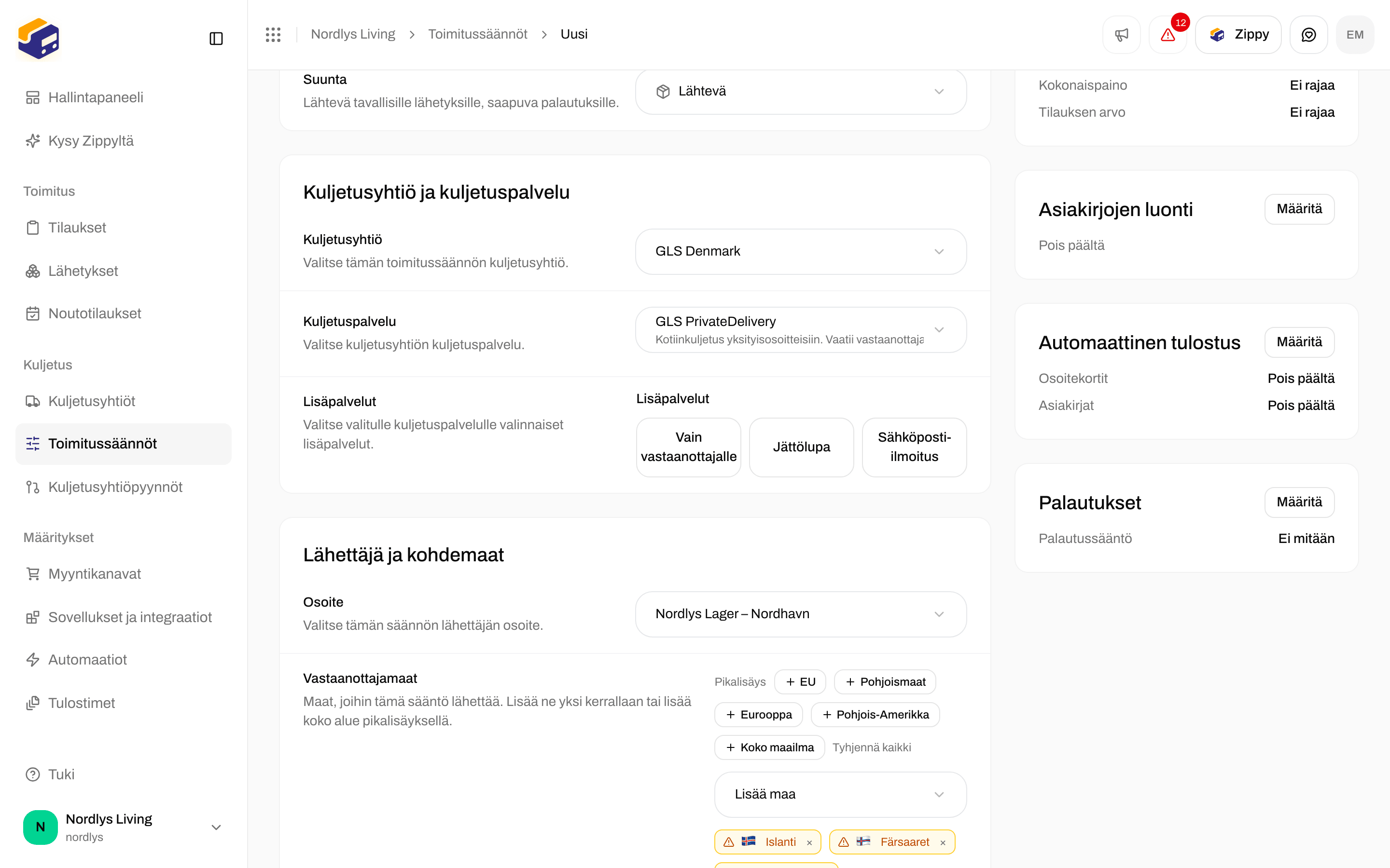 Ehdottomat rajat, joissa Vähintään ja Enintään kokonaispainolle ja tilauksen arvolle