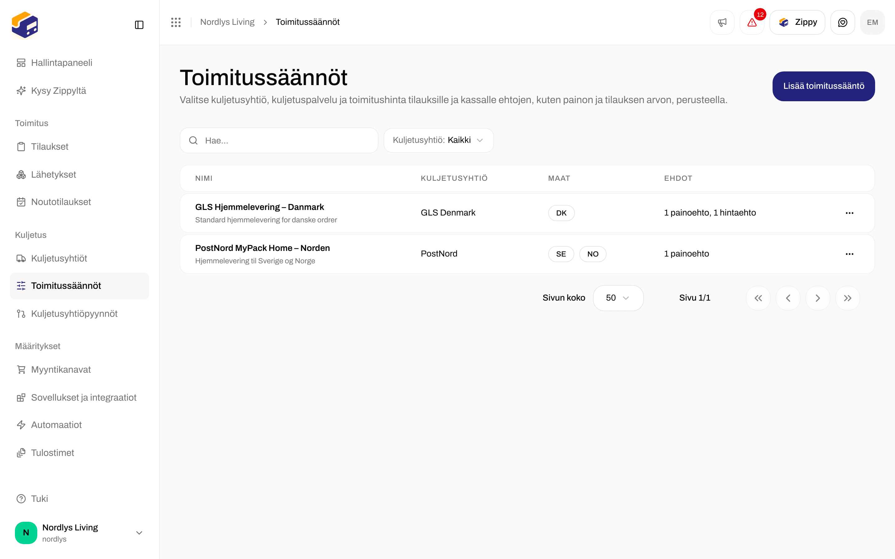 Toimitussääntöjen suodattimet, joissa Hae ja Kuljetusyhtiö
