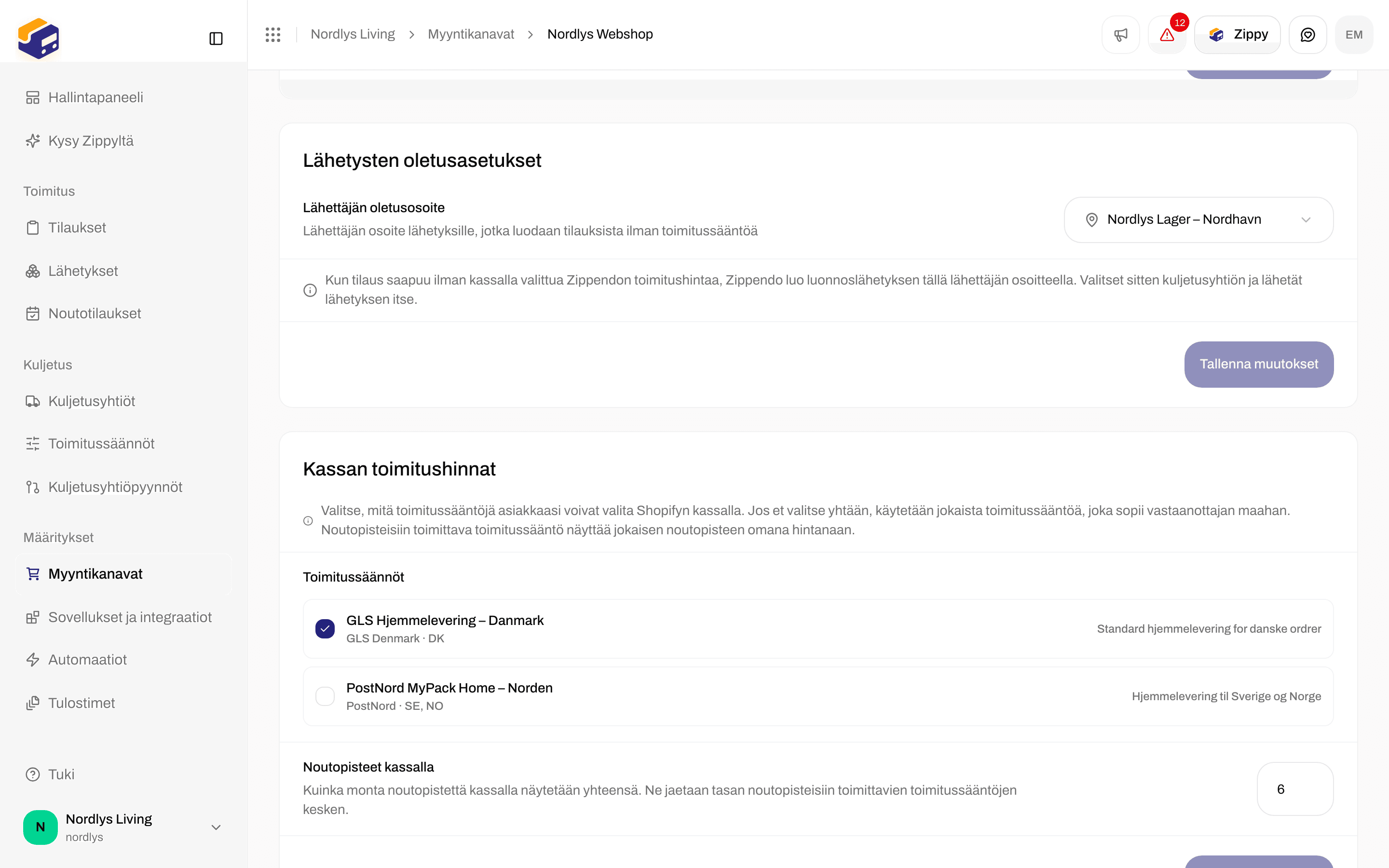 Kassan toimitushinnat, joissa toimitussääntöjen valintaruudut ja Noutopisteet kassalla