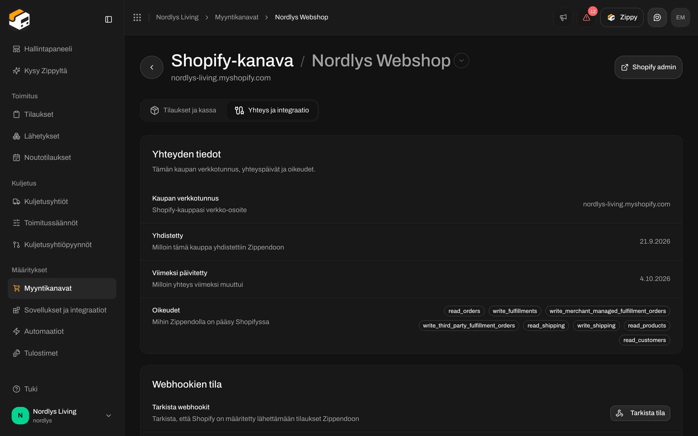 Shopifyn Yhteys ja integraatio -välilehti, jossa yhteyden tiedot ja tilatarkistukset