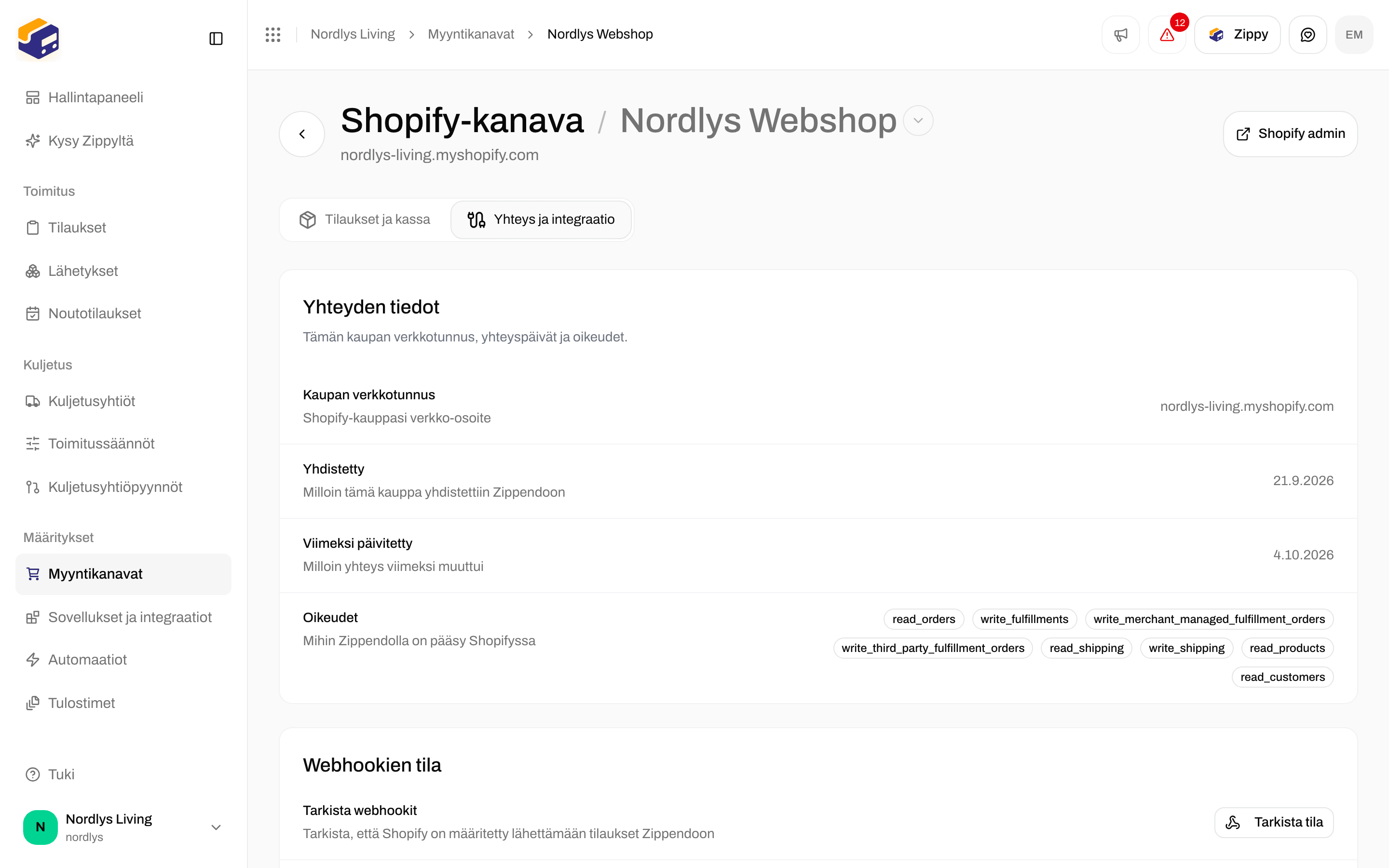 Shopifyn Yhteys ja integraatio -välilehti, jossa yhteyden tiedot ja tilatarkistukset