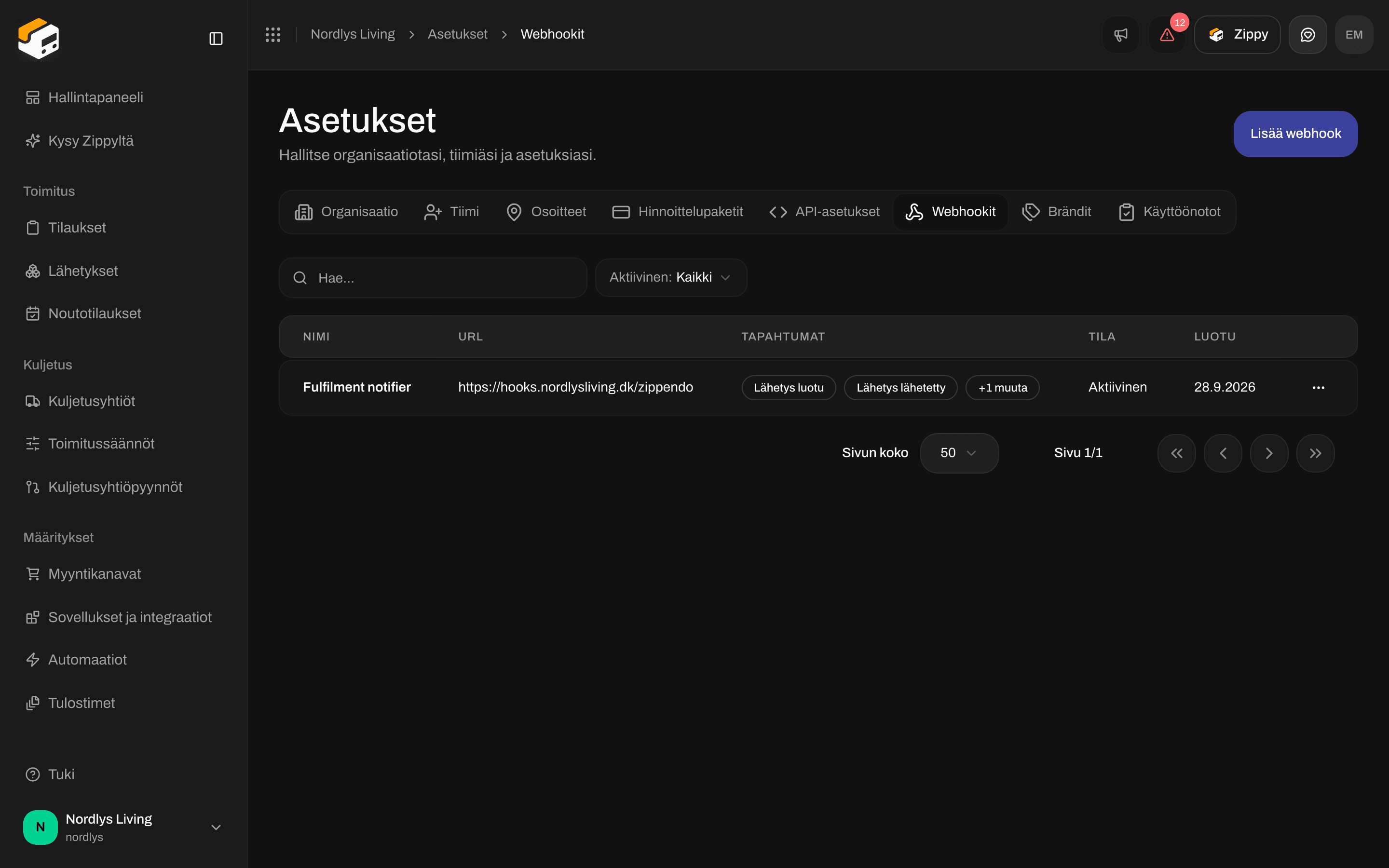 Asetusten Webhookit-luettelo, jossa webhook on tilannut lähetys- ja seurantatapahtumat
