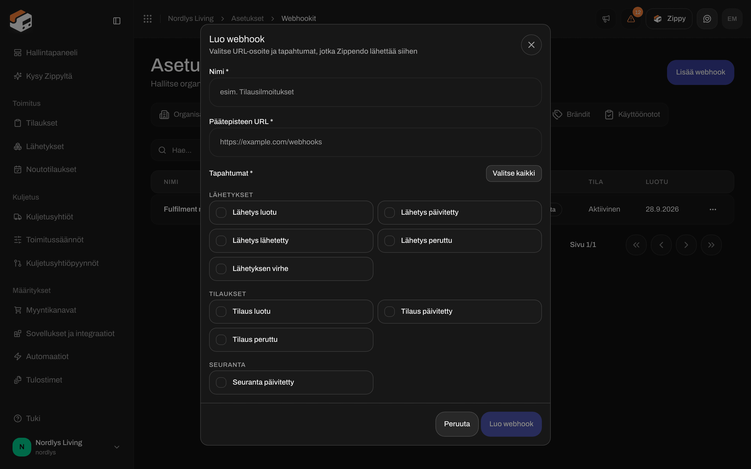 Luo webhook -ikkuna vieritettynä Seuranta-ryhmään, jossa Seuranta päivitetty -tapahtuma
