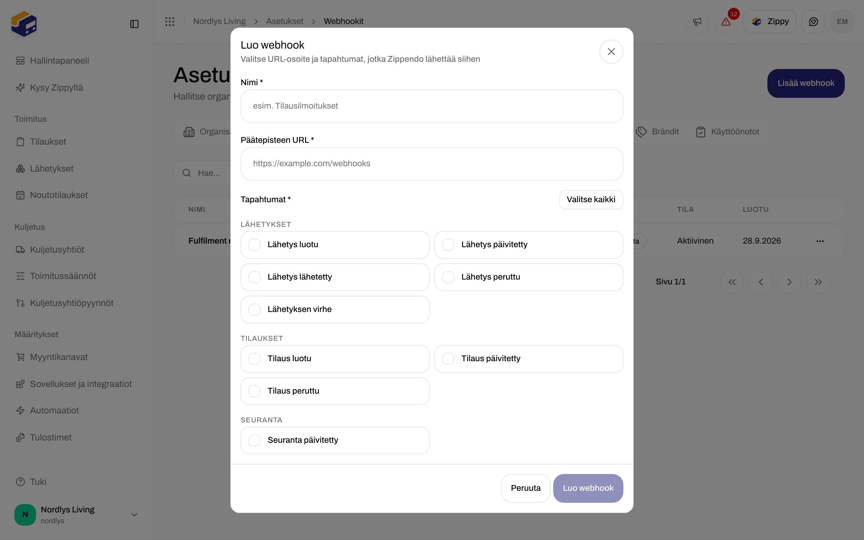 Luo webhook -ikkuna vieritettynä Seuranta-ryhmään, jossa Seuranta päivitetty -tapahtuma