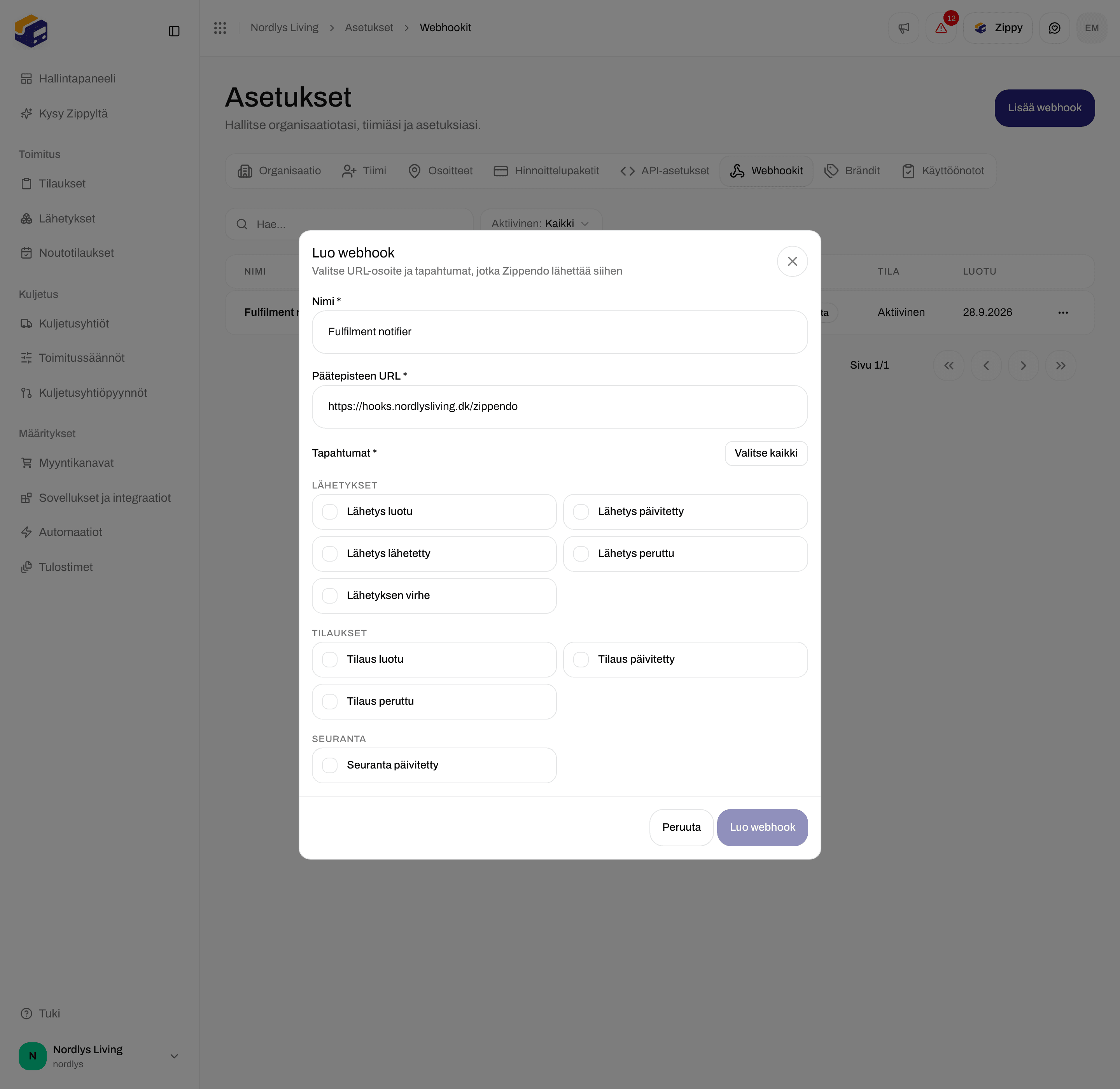 Luo webhook -ikkuna, jossa on Nimi, Päätepisteen URL, Valitse kaikki ja lähetystapahtumien valintaruudut