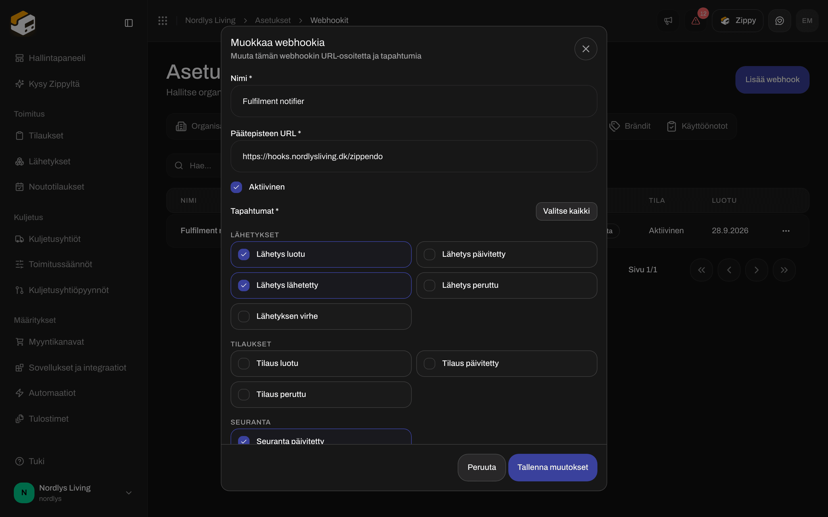 Muokkaa webhookia -ikkuna, jossa on Nimi, Päätepisteen URL, Aktiivinen-valintaruutu ja tapahtumat