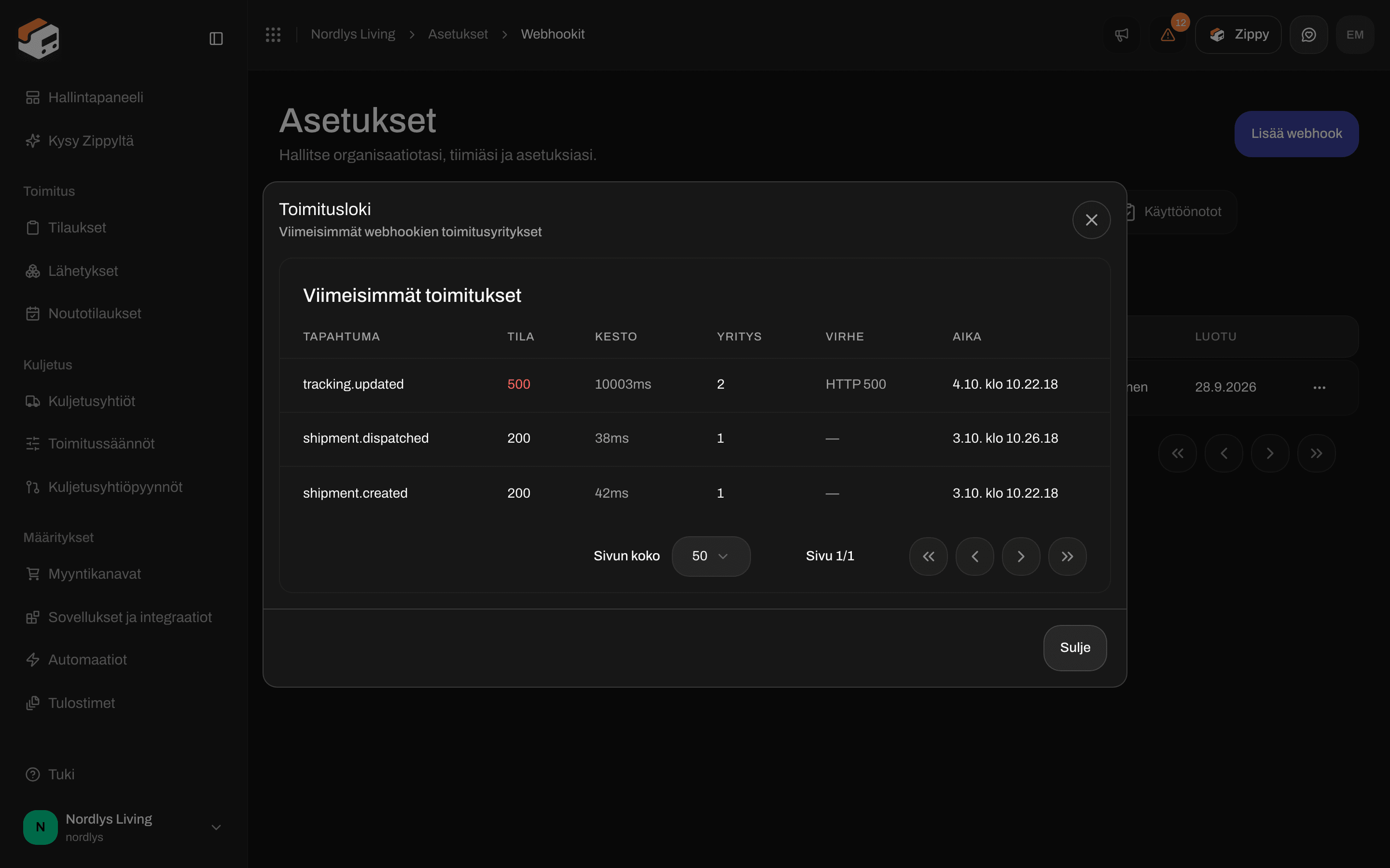 Toimitusloki, jossa näkyvät tapahtumien nimet, vastauksen tila, kesto, yritys ja aika