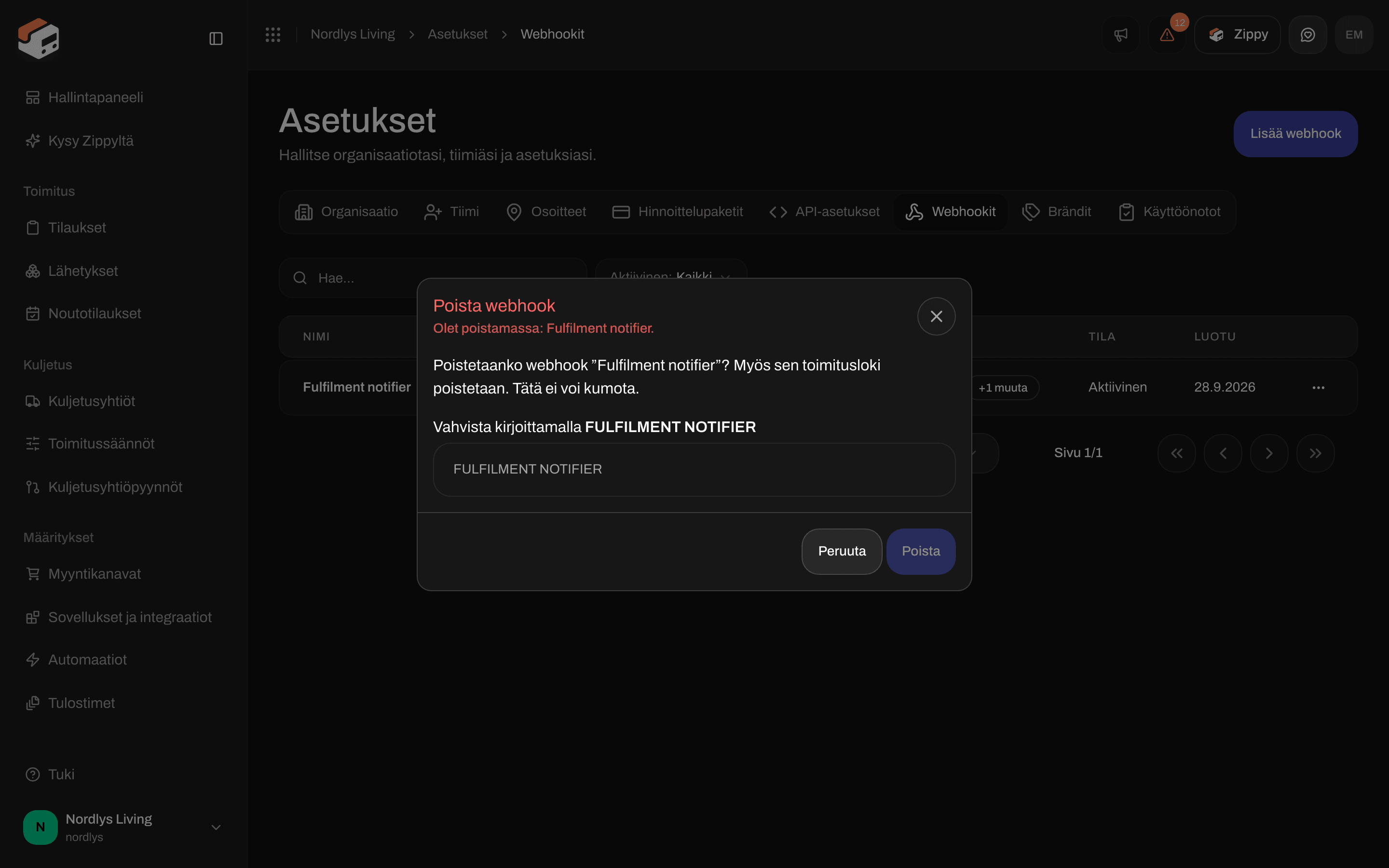Poista webhook -ikkuna, jossa on kenttä nimen kirjoittamiseen vahvistusta varten