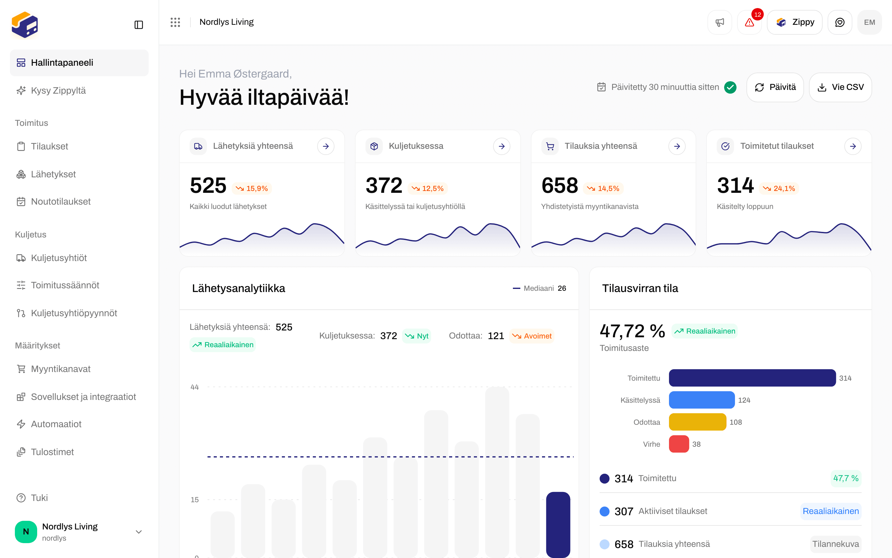 Zippendo-sovelluksen yläreuna ja Zippy-painike