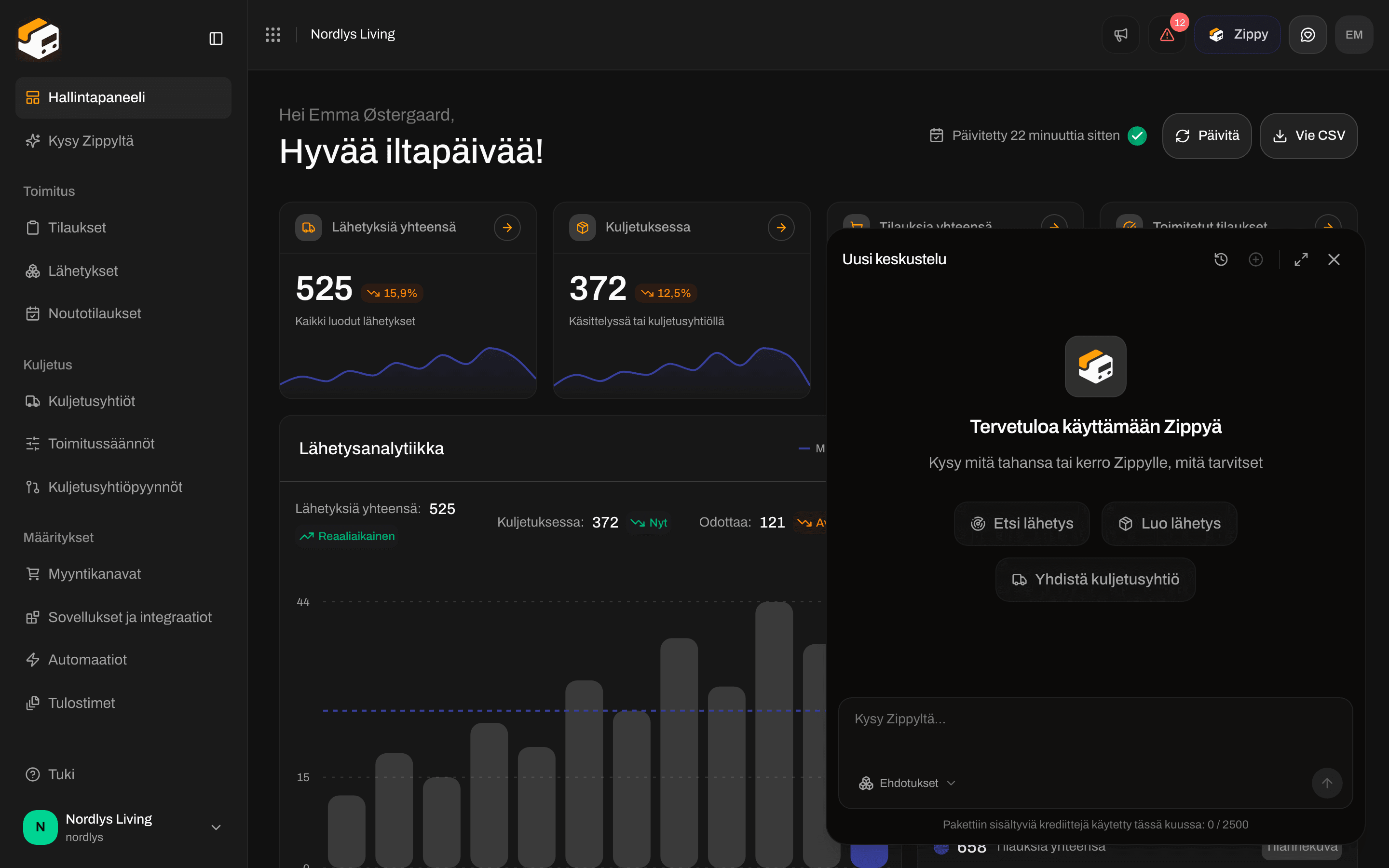 Zippy-paneeli, jossa Tervetuloa käyttämään Zippyä, kolme ehdotusta ja Kysy Zippyltä -kenttä