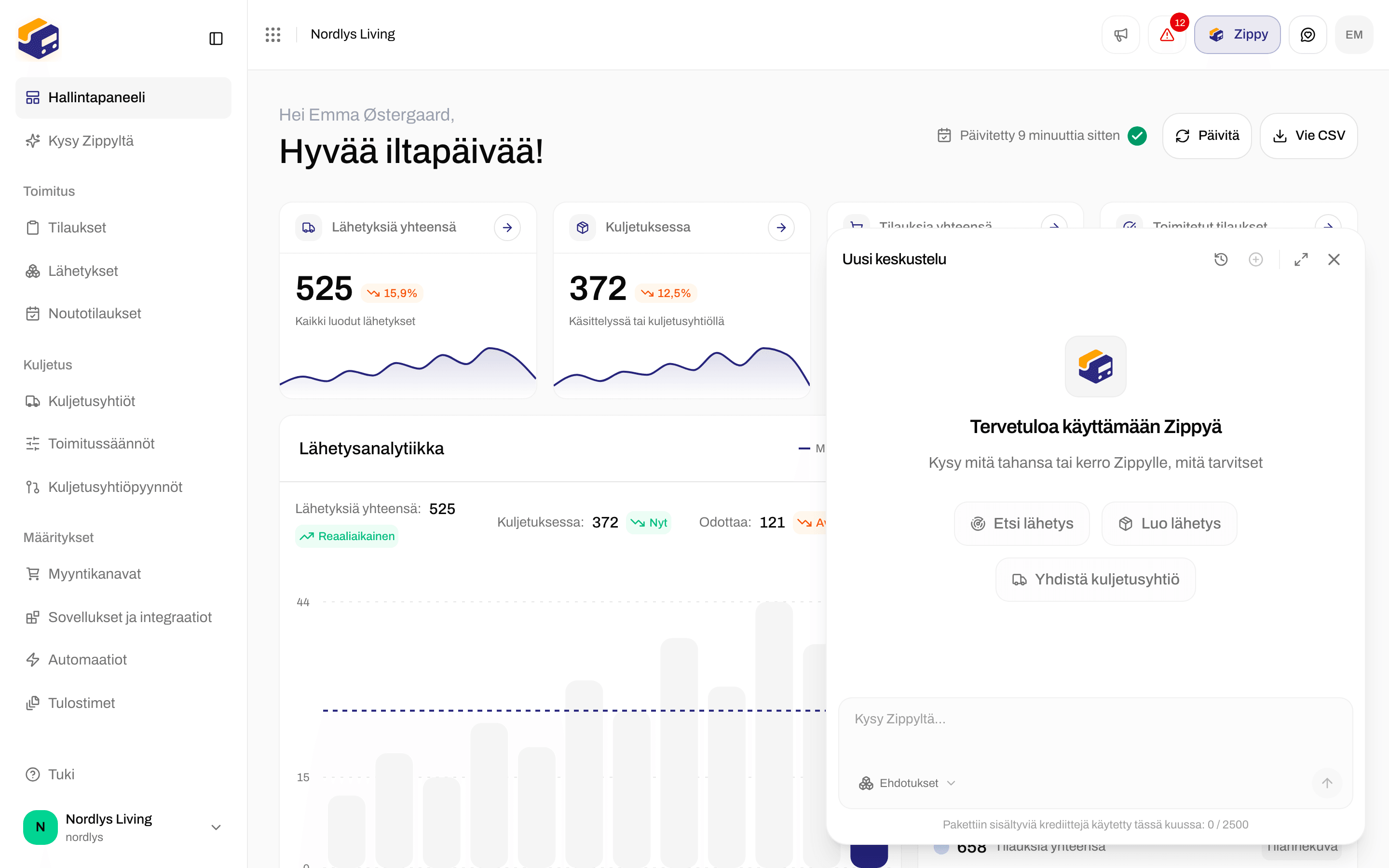 Zippy-paneeli, jossa Tervetuloa käyttämään Zippyä, kolme ehdotusta ja Kysy Zippyltä -kenttä