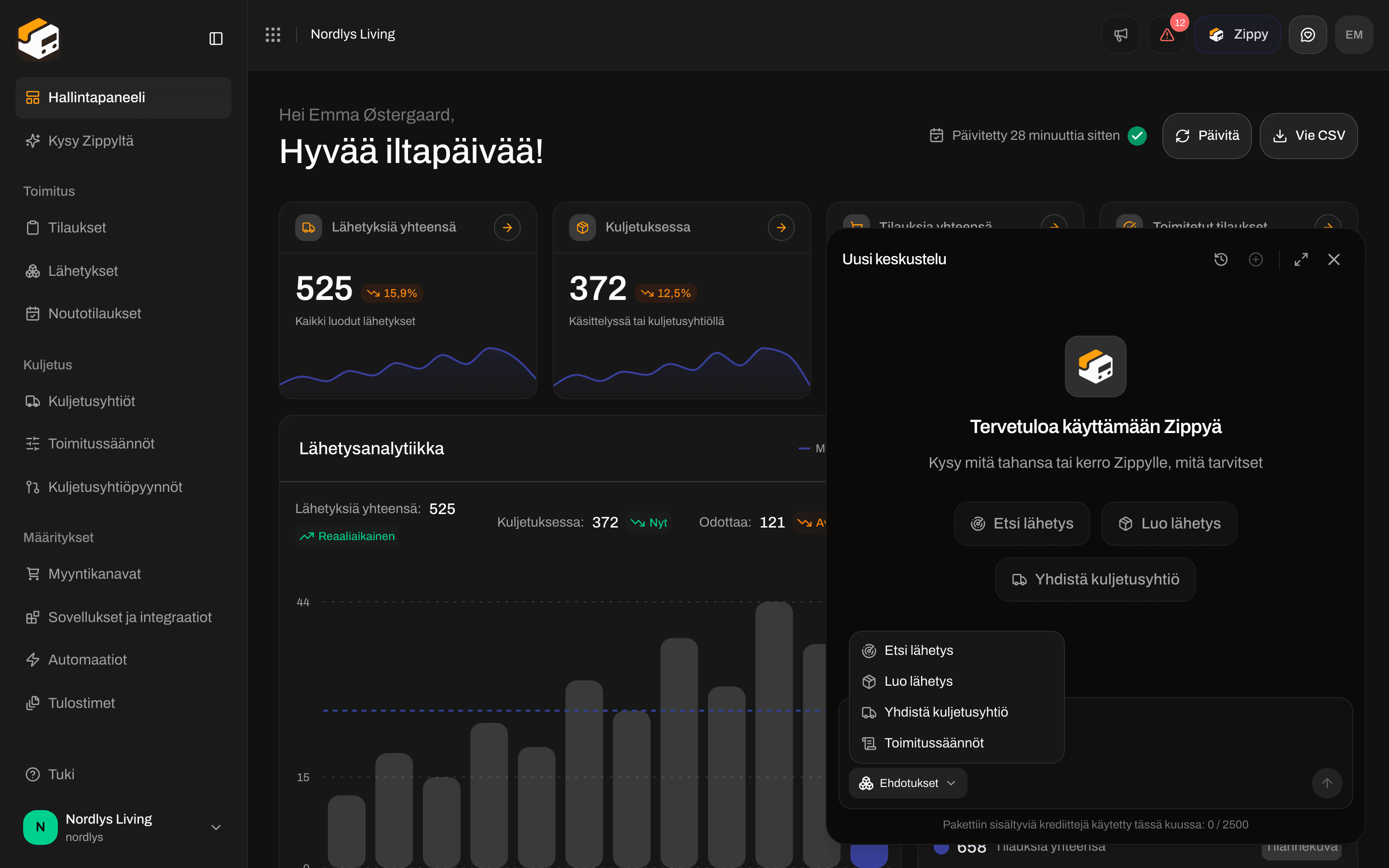 Zippyn Ehdotukset-luettelo, jossa Etsi lähetys, Luo lähetys, Yhdistä kuljetusyhtiö ja Toimitussäännöt
