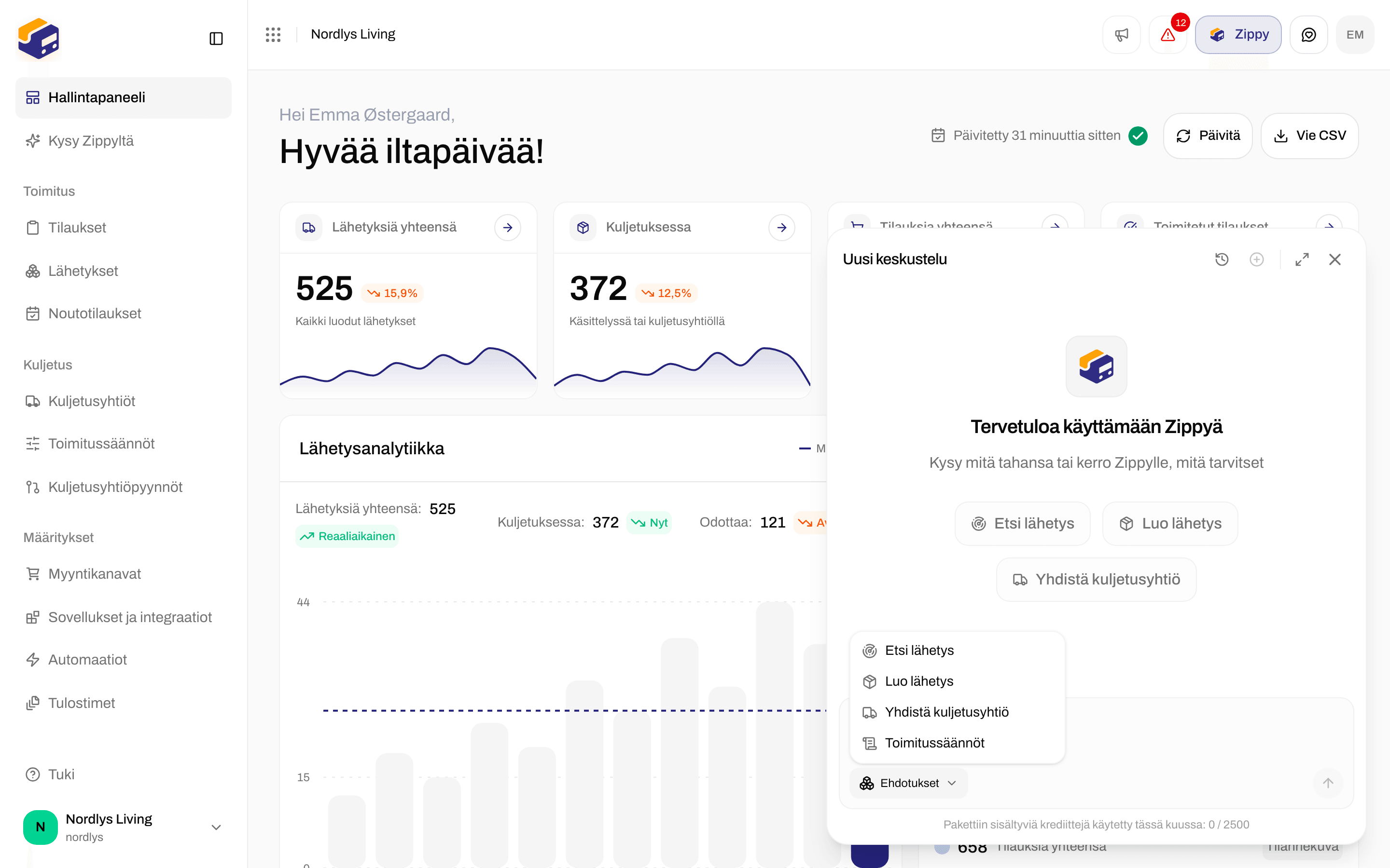 Zippyn Ehdotukset-luettelo, jossa Etsi lähetys, Luo lähetys, Yhdistä kuljetusyhtiö ja Toimitussäännöt