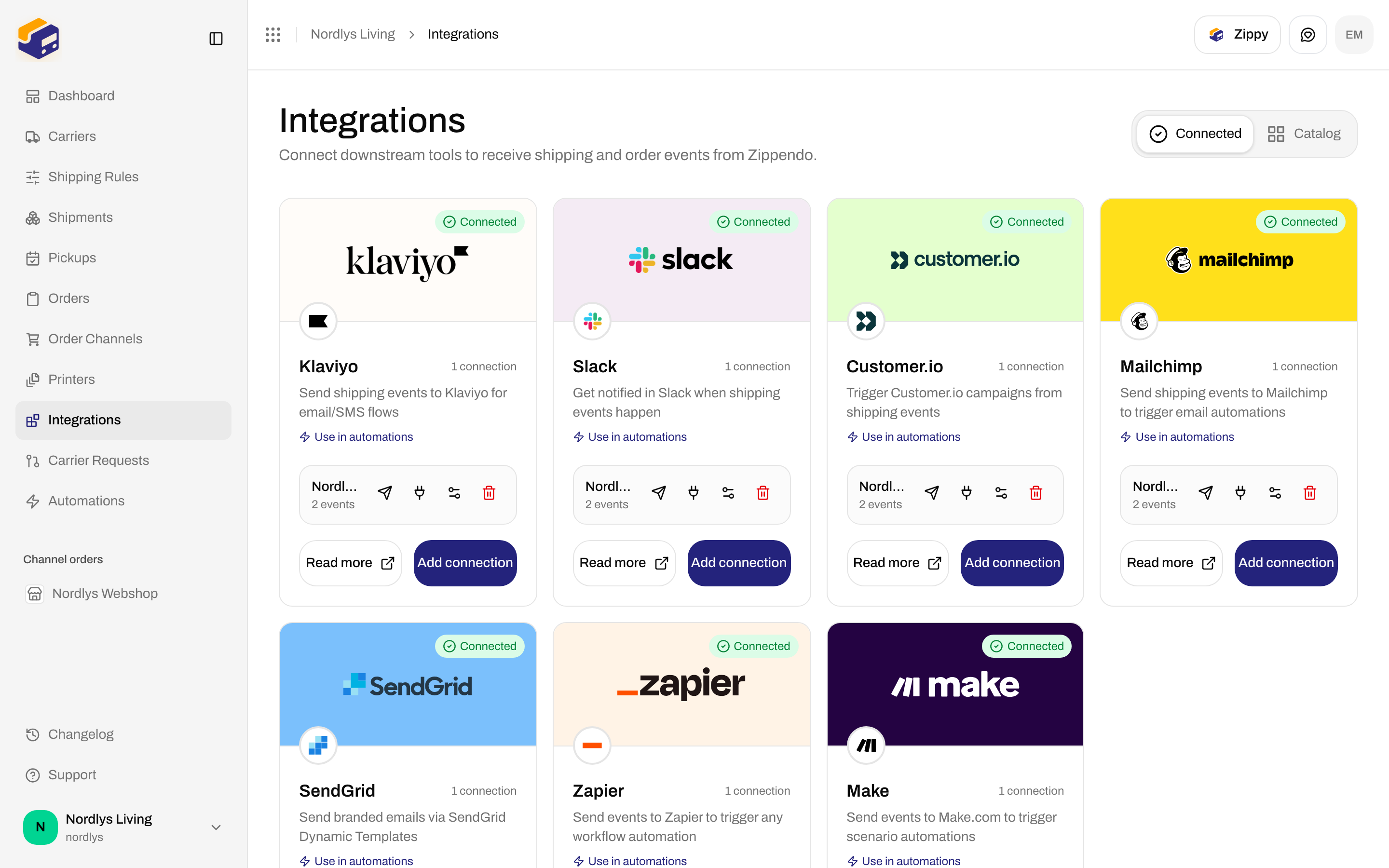 Integrations Connected tab with a Mailchimp connection and action icons