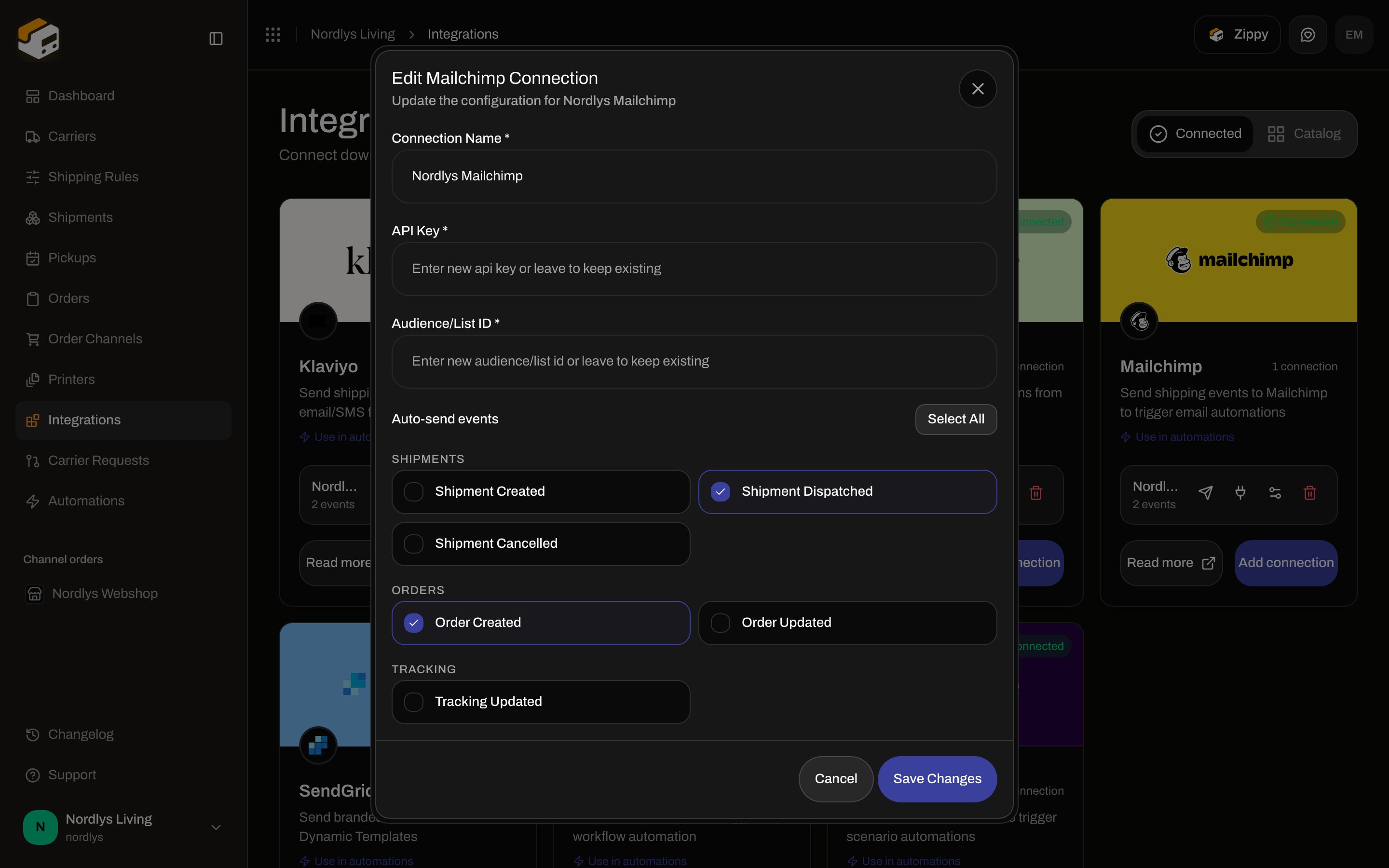 Edit Mailchimp Connection dialog with Connection Name, API Key, Audience/List ID, and Auto-send events