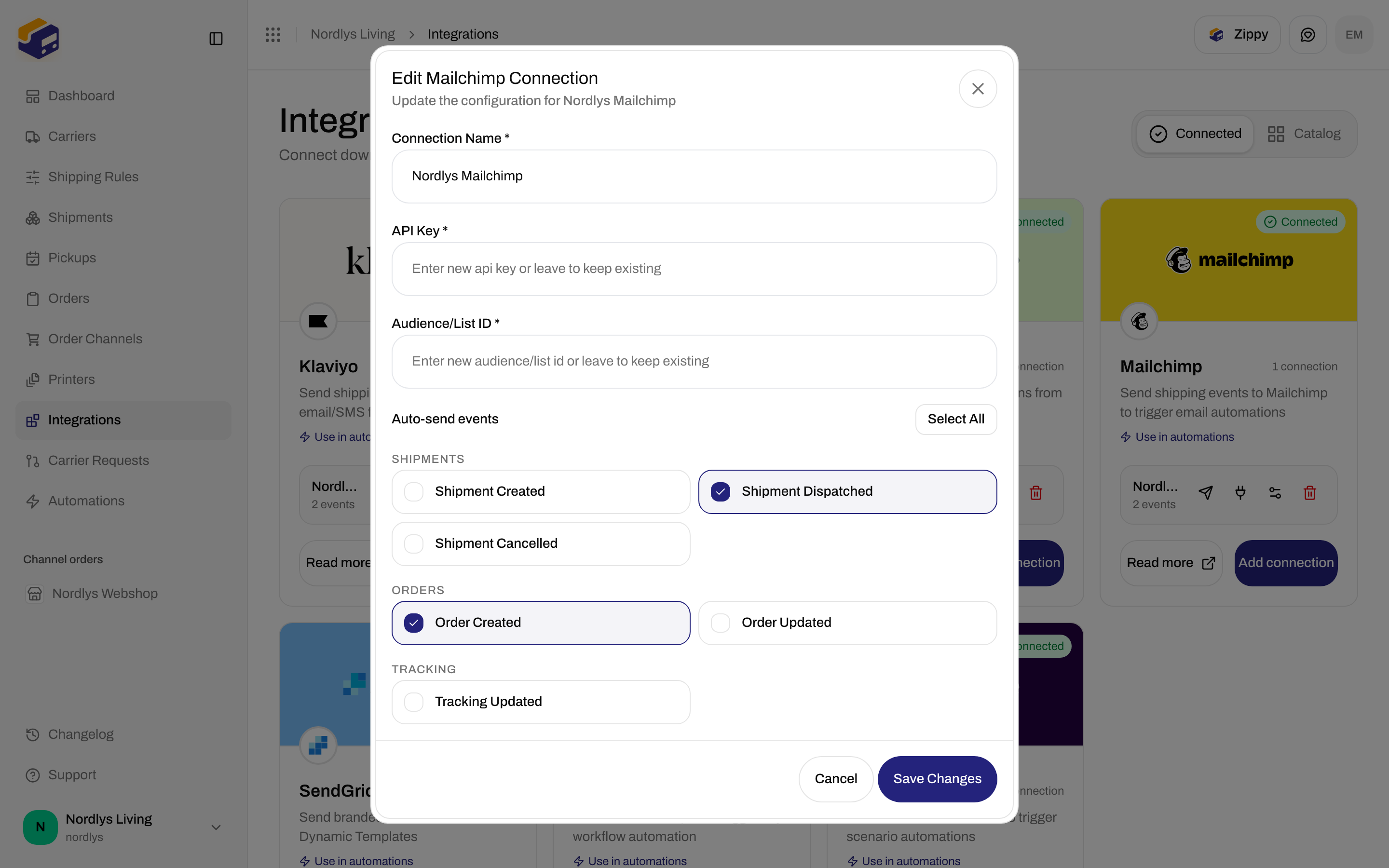 Edit Mailchimp Connection dialog with Connection Name, API Key, Audience/List ID, and Auto-send events